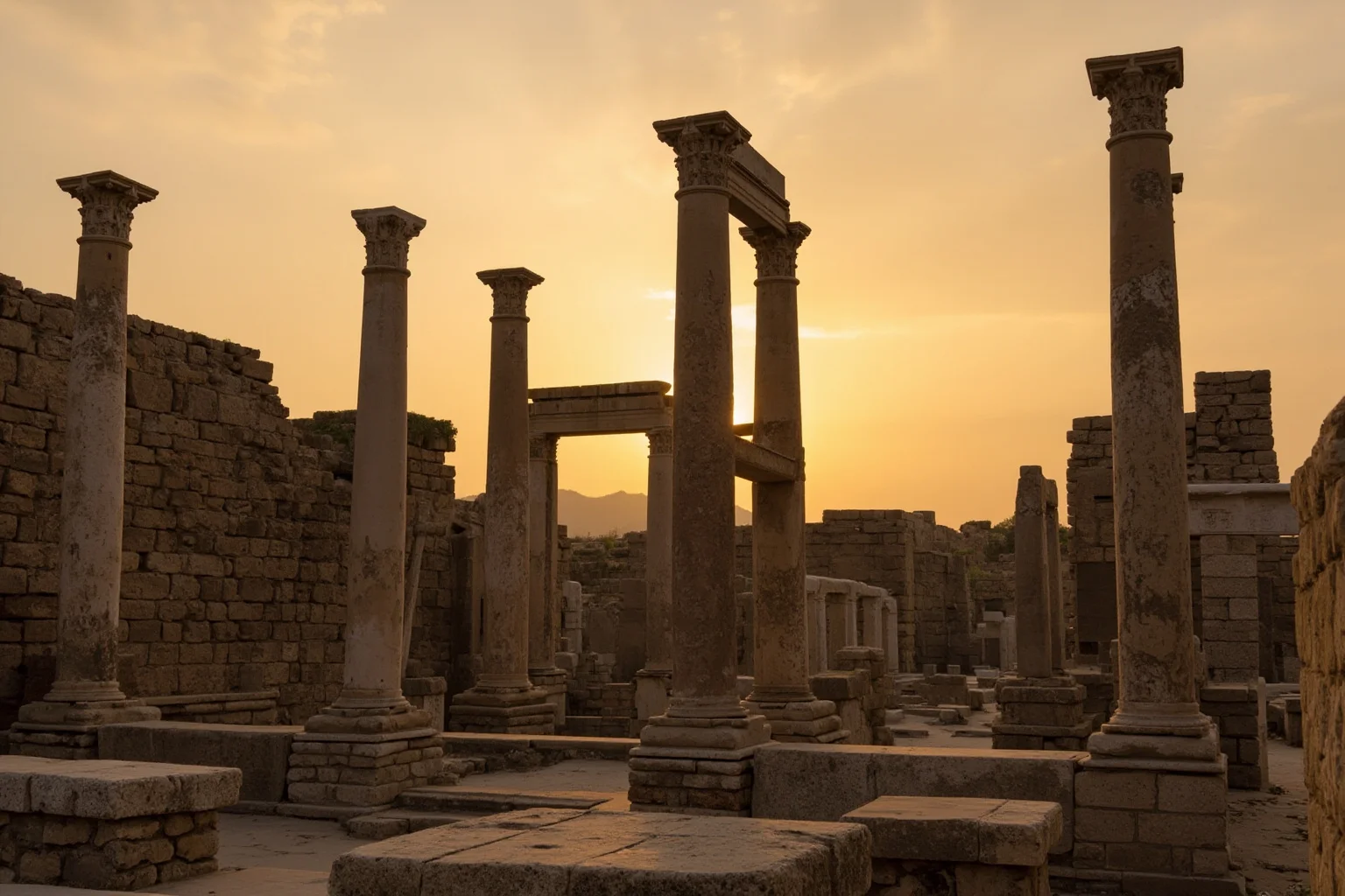 Ancient stone columns and carved reliefs standing at sunset in a ruined city