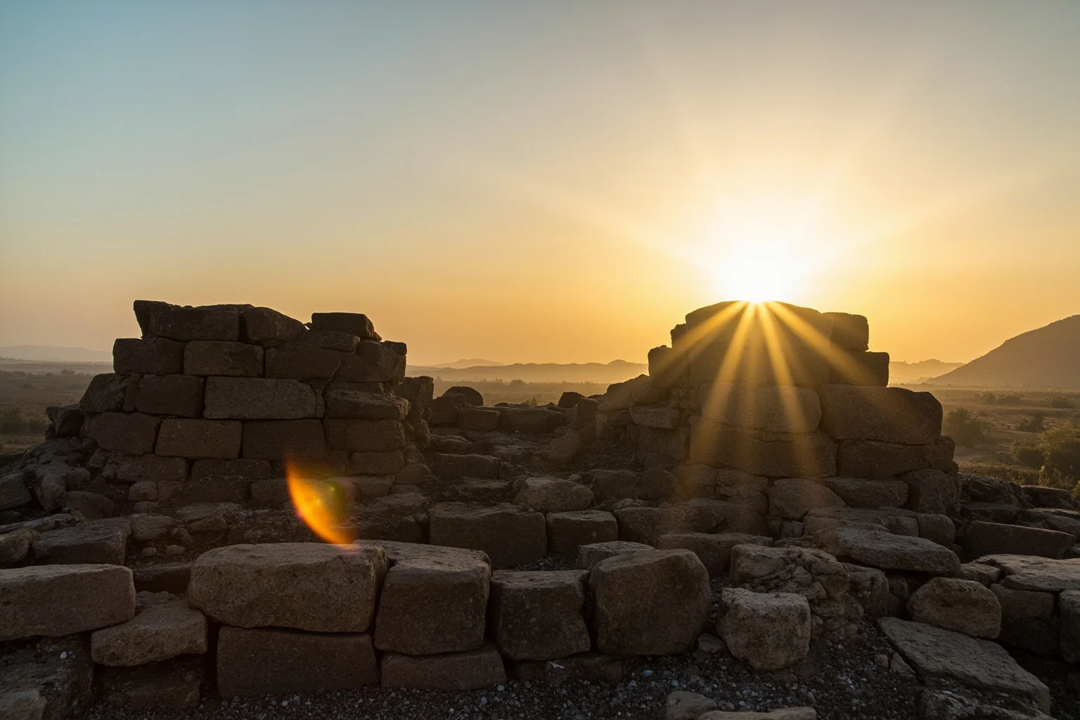Ancient stone ruins of the Kingdom of Aksum in Ethiopia's highlands at golden hour