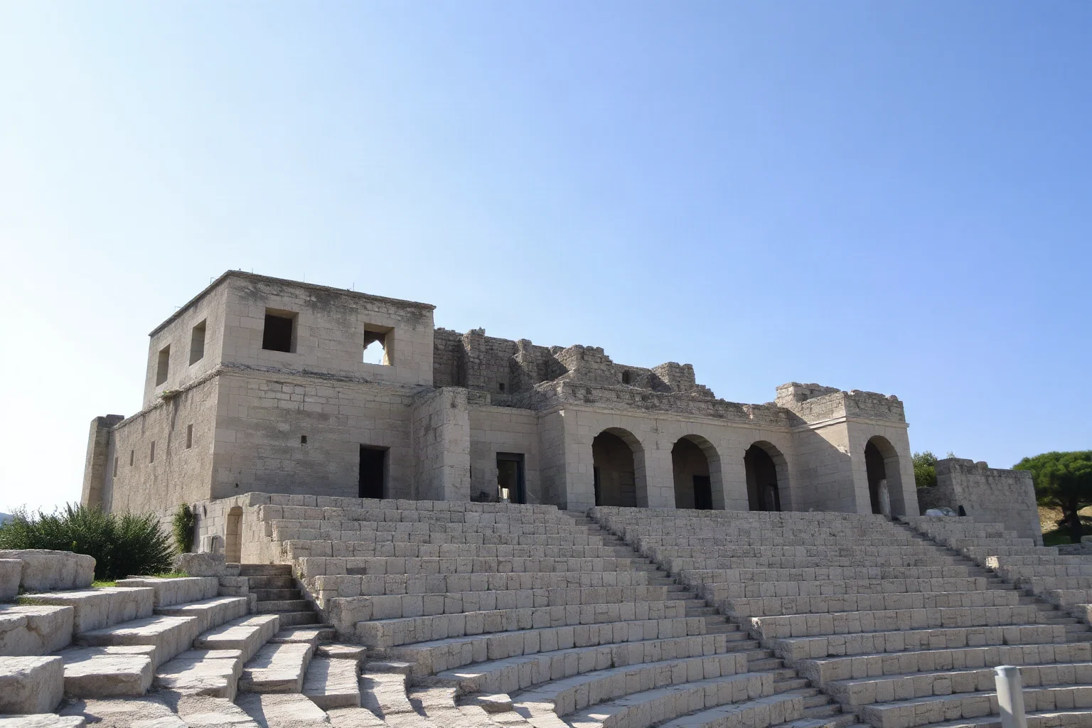 Ancient stone theater seating carved into a hillside below the Acropolis, the Theatre of Dionysus