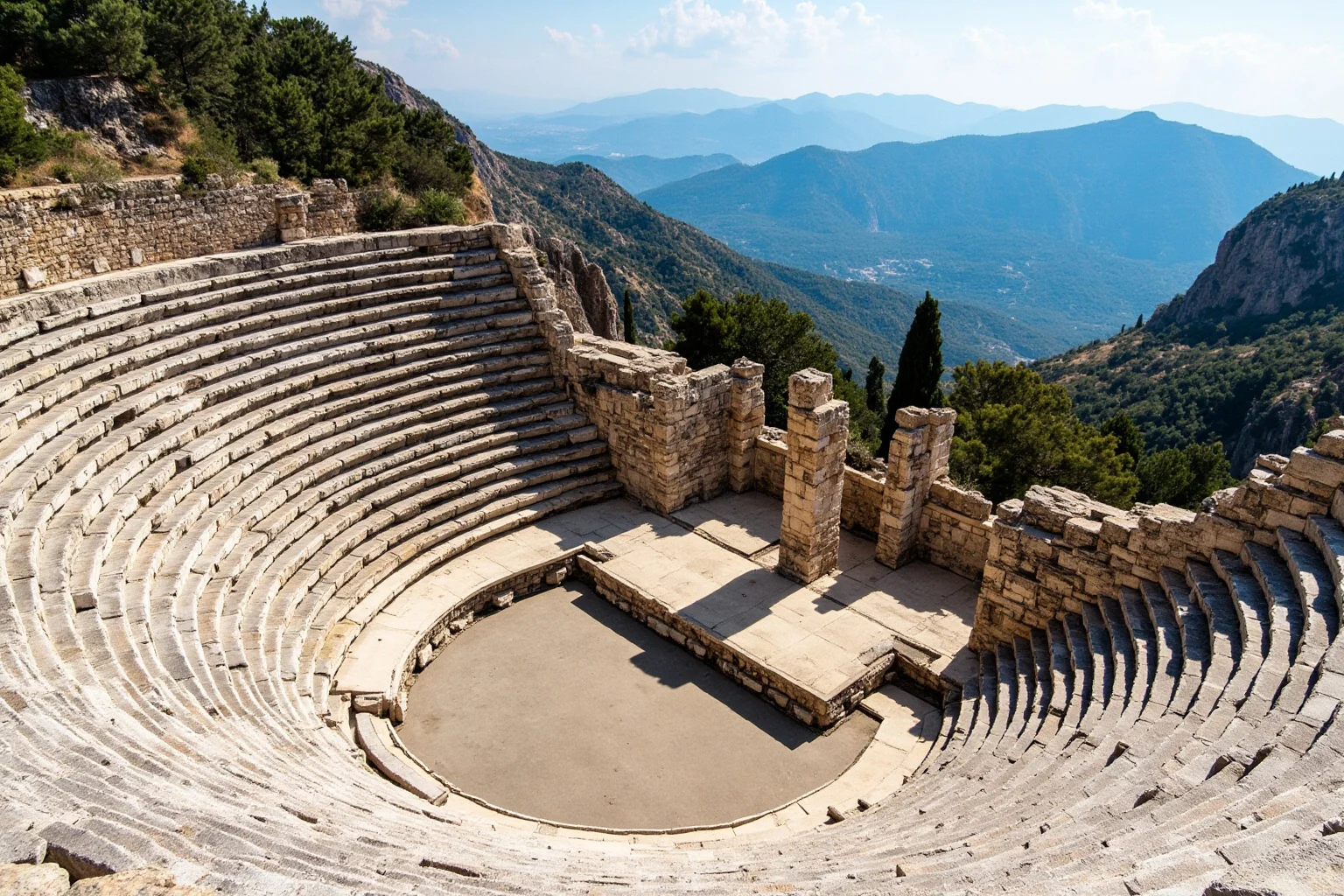 Ancient stone theatre of Delphi in Greece nestled below rocky mountains near classical temple ruins
