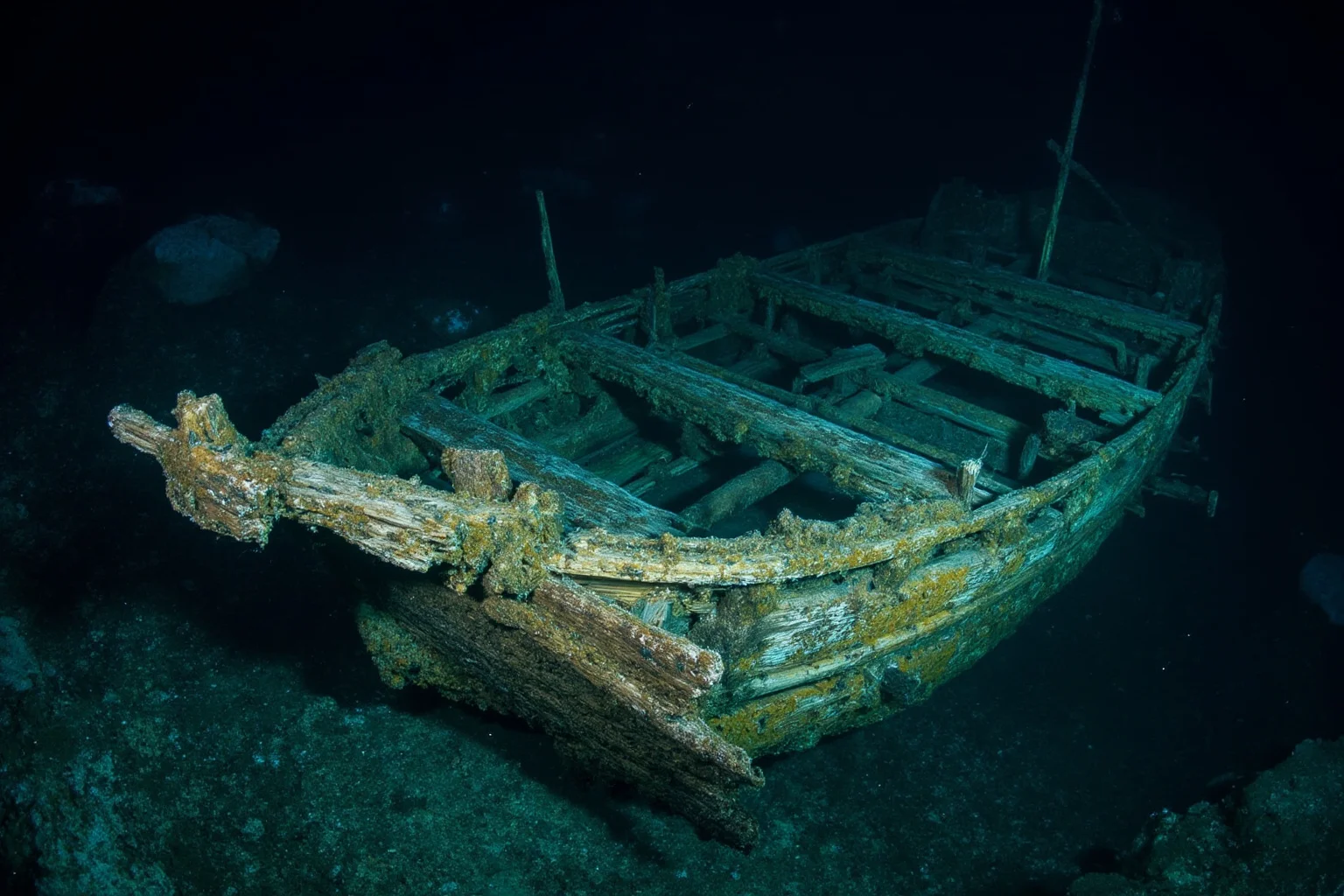 22 Coolest Underwater Discoveries Made Throughout History 14 Ancient wooden trading ship remarkably intact on the dark seabed of an oxygen-poor sea