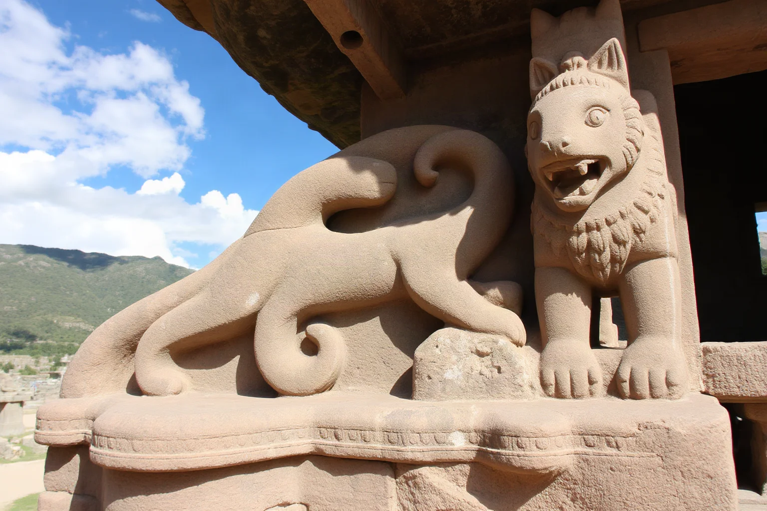 Andean ceremonial stone complex with carved feline and serpent carvings, Chavín de Huántar