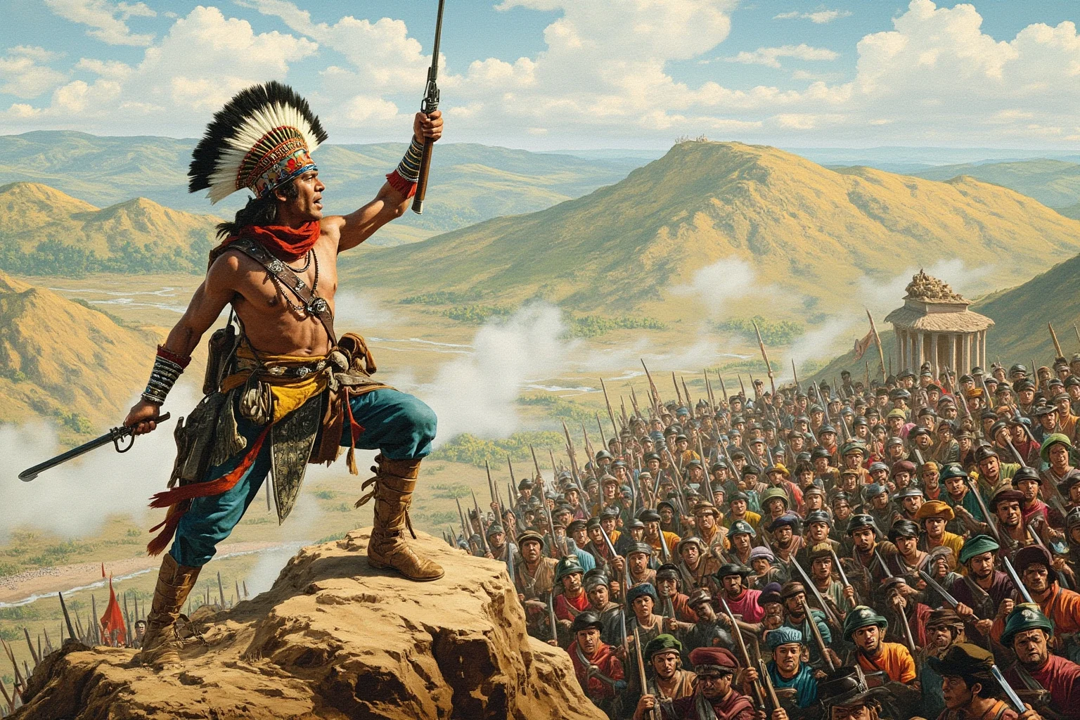 History's Greatest Rebels That Challenged the Status Quo 8 Andean indigenous rebel leader on a mountain ridge rallying a crowd of fighters, colonial-era South American setting, illustrated style