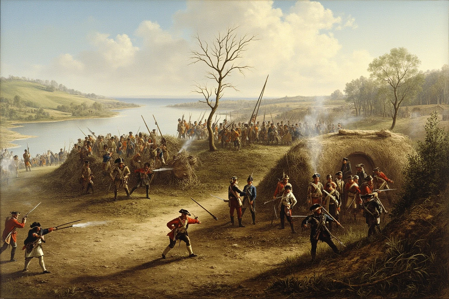 Battles That Defined American History 22 Andrew Jackson-era American troops defending fortified earthworks against advancing redcoats near a river