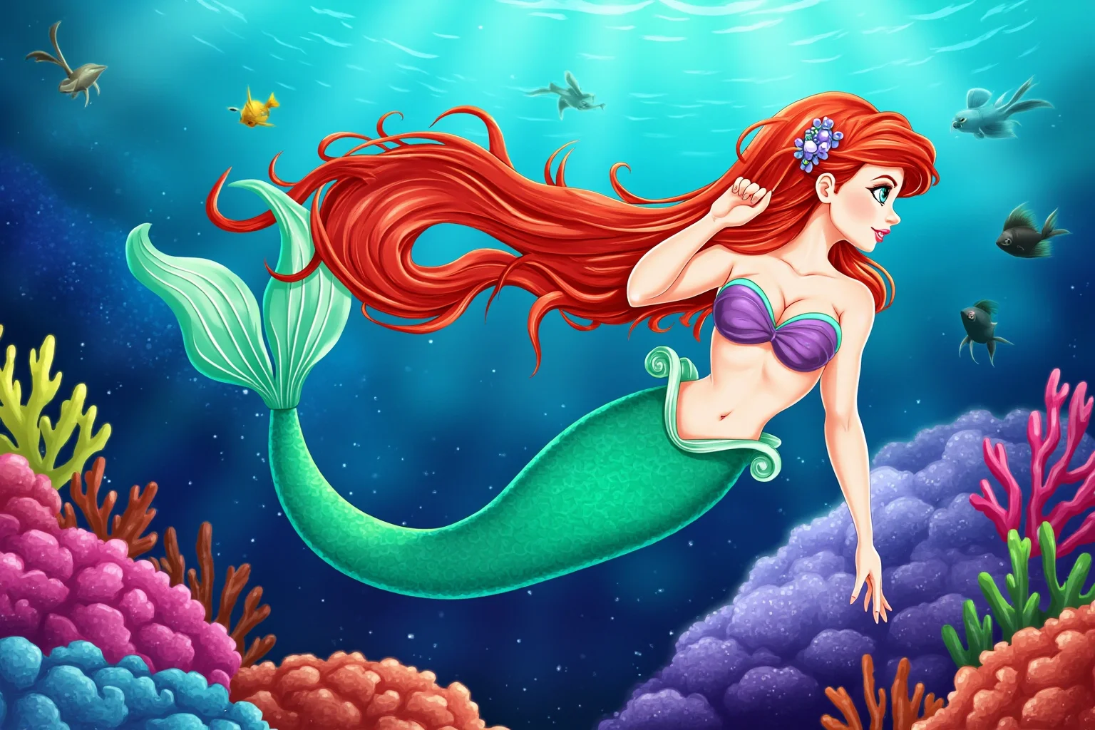 From Cleopatra to George Washington: 21 Most Famous Redheads in History 21 Animated mermaid with long flowing red hair swimming among coral reefs, colorful fantasy illustration style