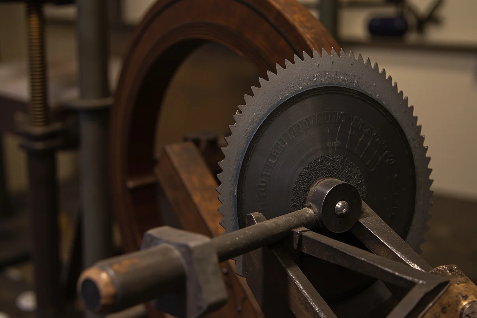 Antique circular saw blade attached to a spinning wheel mechanism, workshop setting