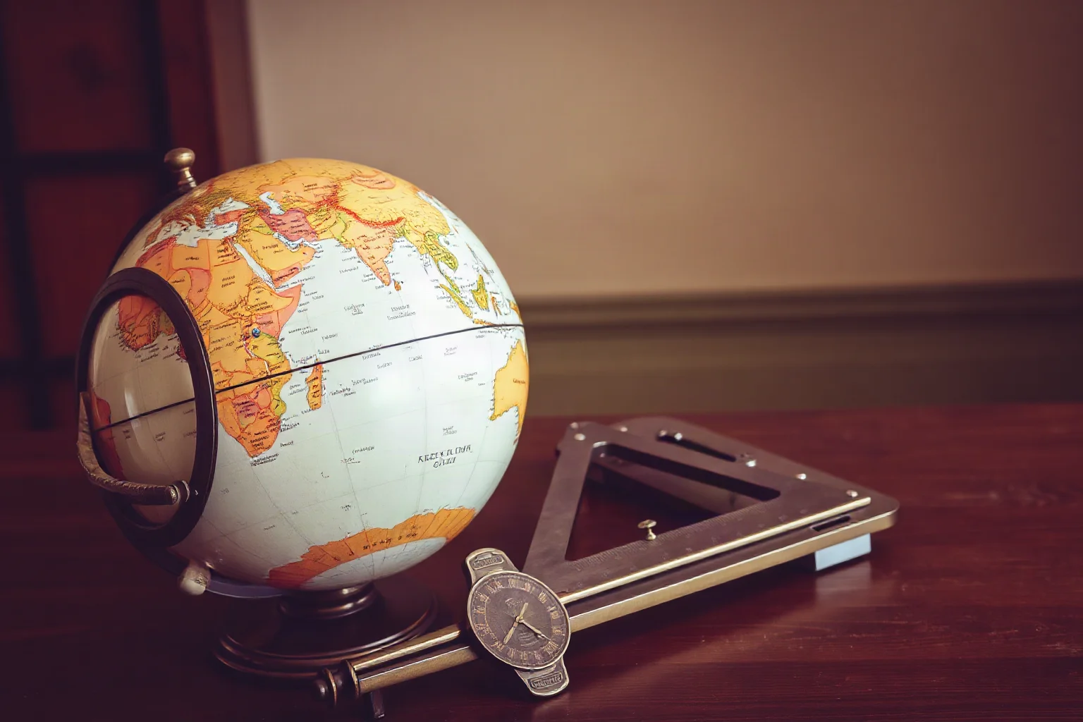 Antique globe and geometry instruments on a wooden desk, representing miscalculated distances across the ocean