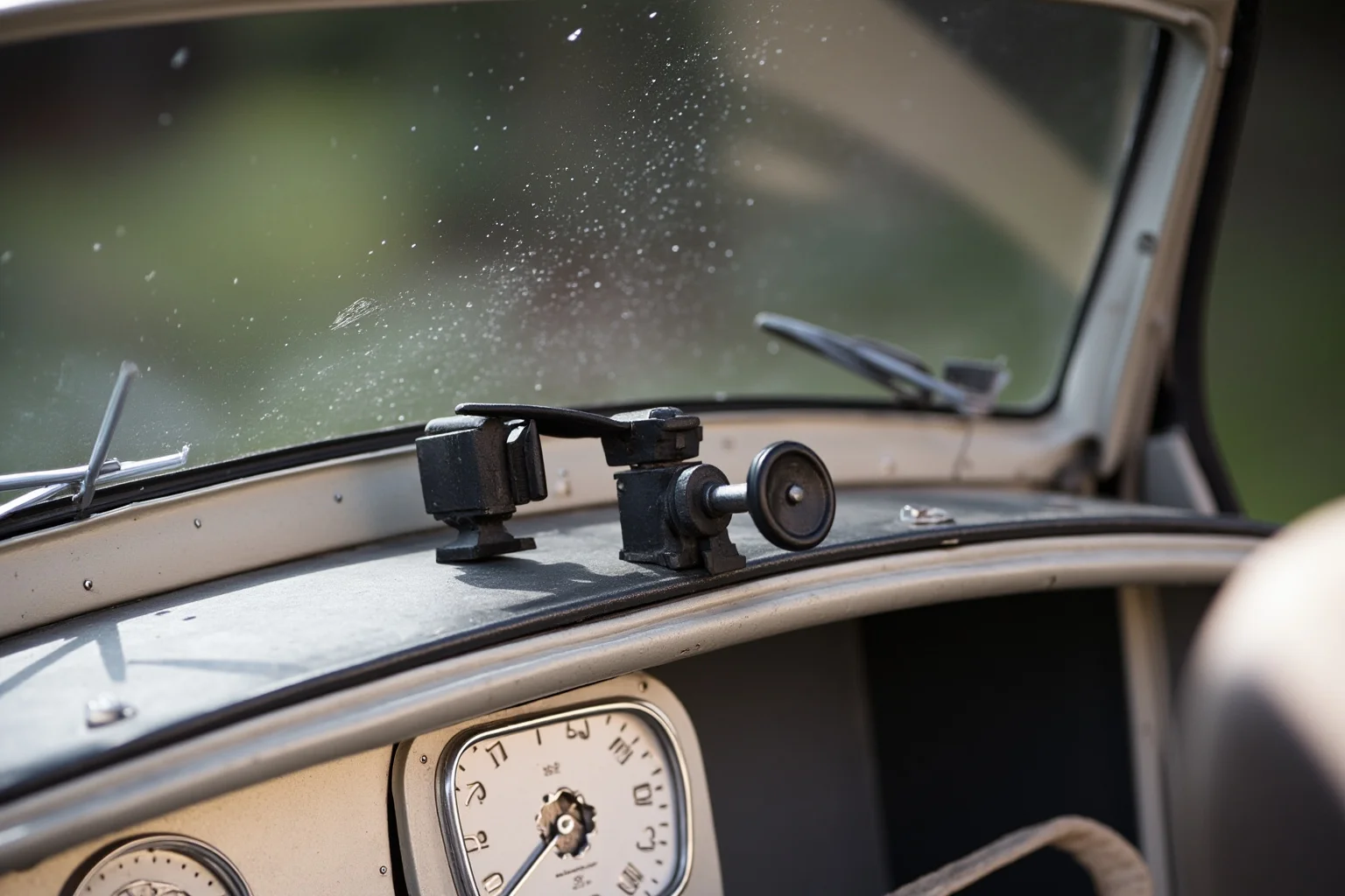 Antique hand-operated windshield wiper mechanism mounted on car window