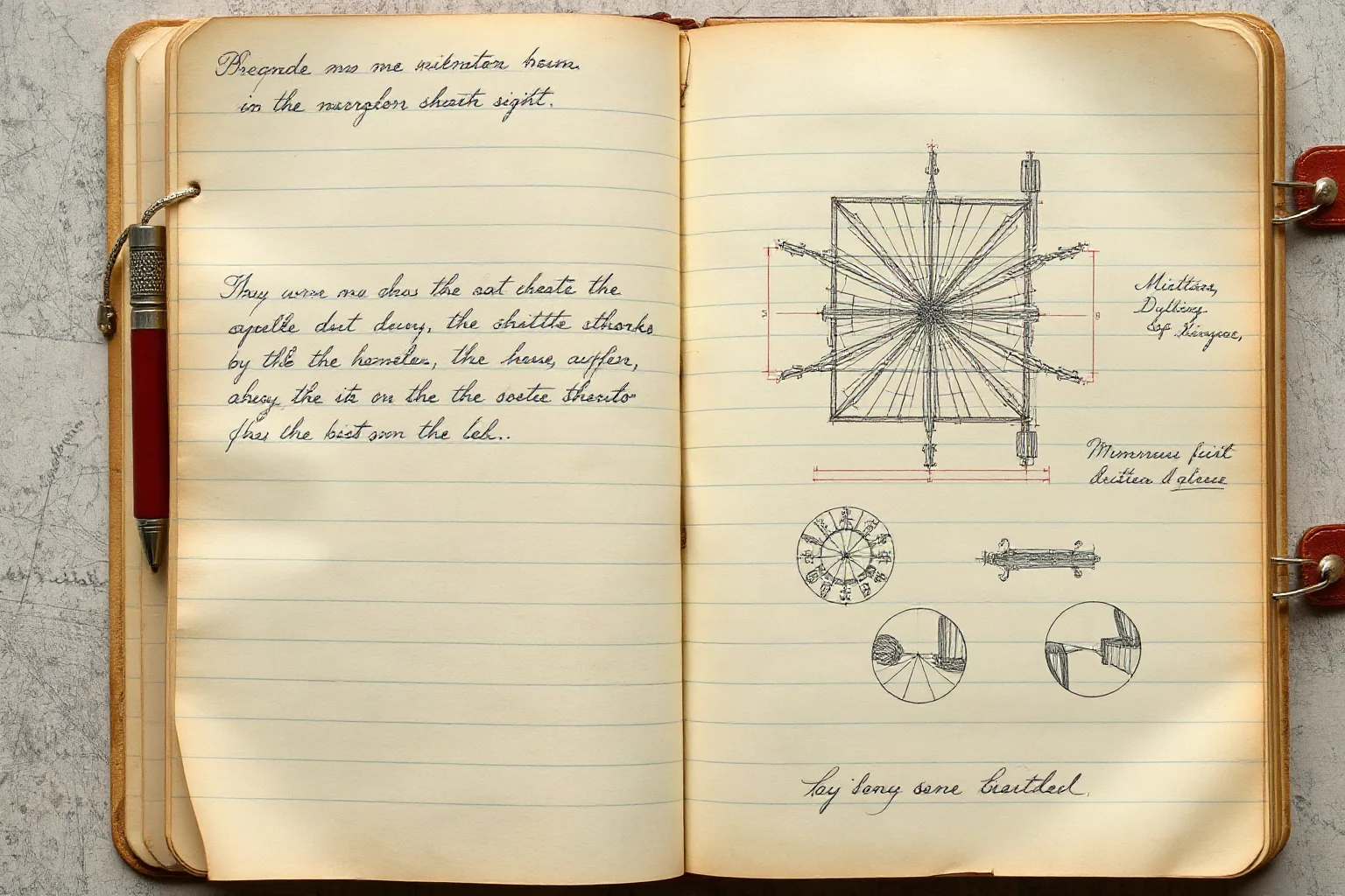 Antique handwritten notebook page filled with mirror-script and diagram sketches