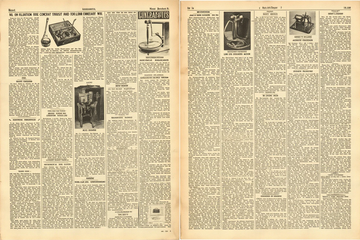 Antique newspaper page mockup with illustrations of futuristic household gadgets from the early 1900s