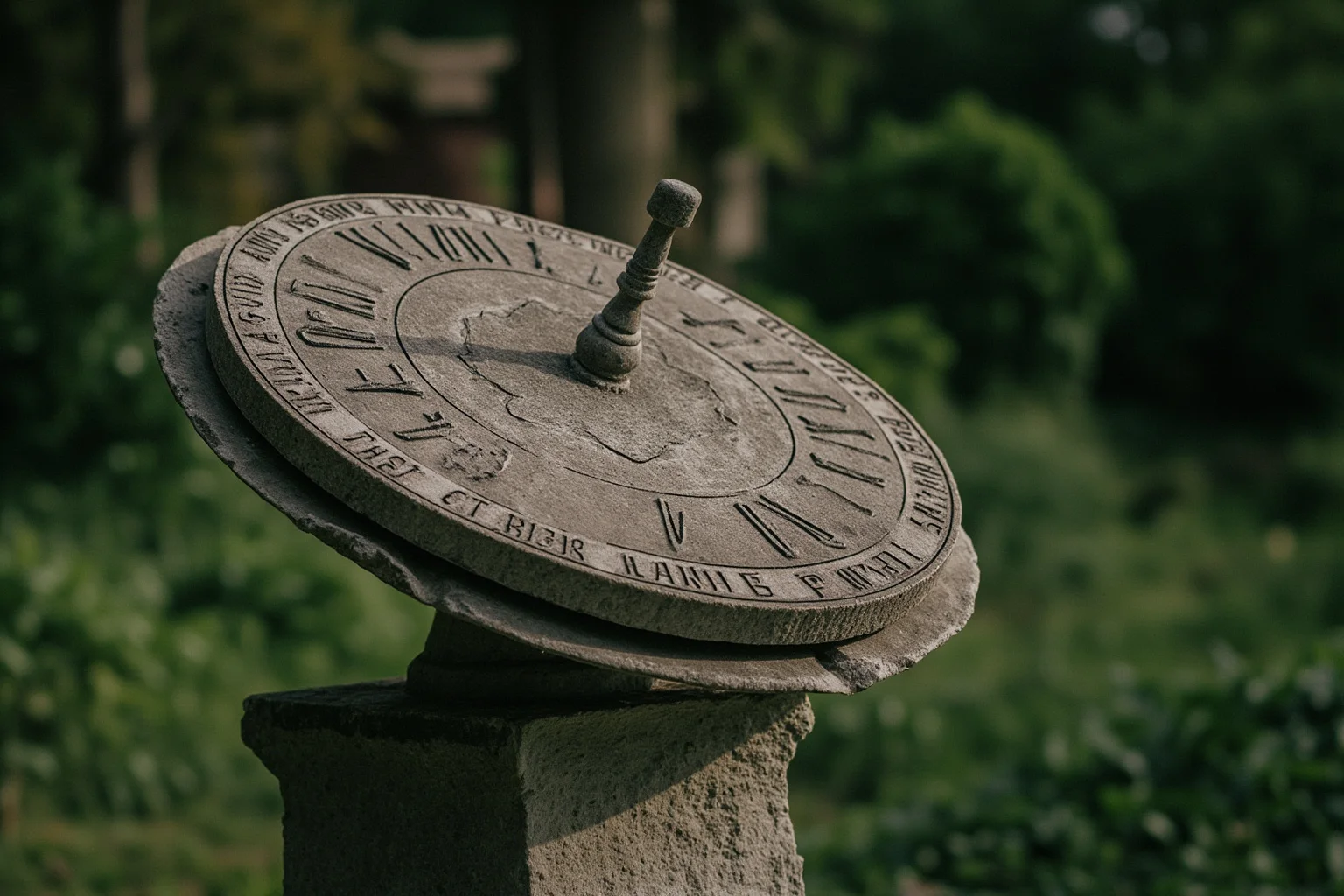 Antique sundial mounted on a stone pedestal in an overgrown European garden, weathered engraving visible
