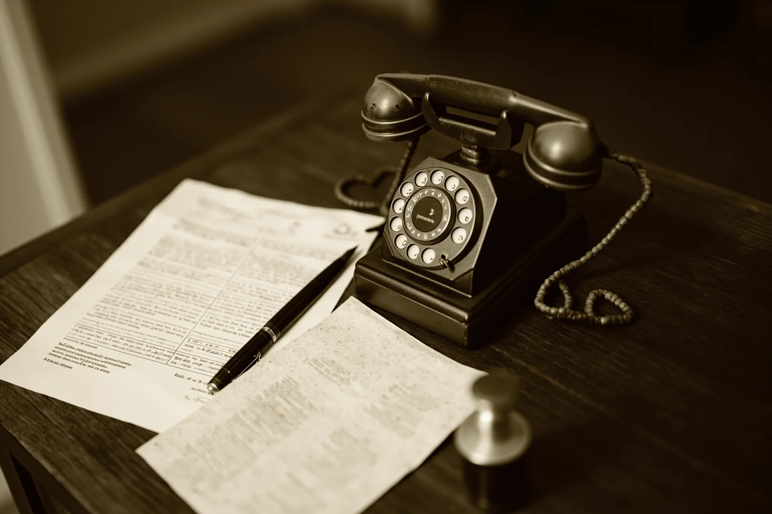 Inventors Who Stole Genius Ideas And Got All Glory 4 Antique telephone on a wooden desk beside old patent documents and a fountain pen, sepia toned