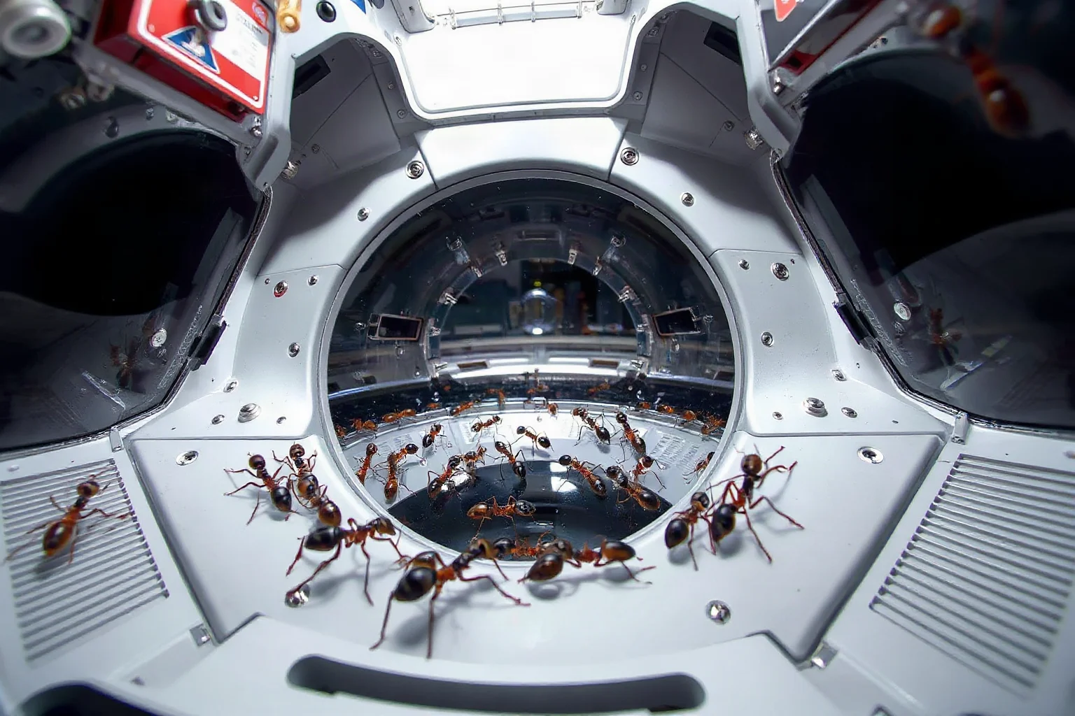 Ants searching and moving inside a zero-gravity chamber on a space station