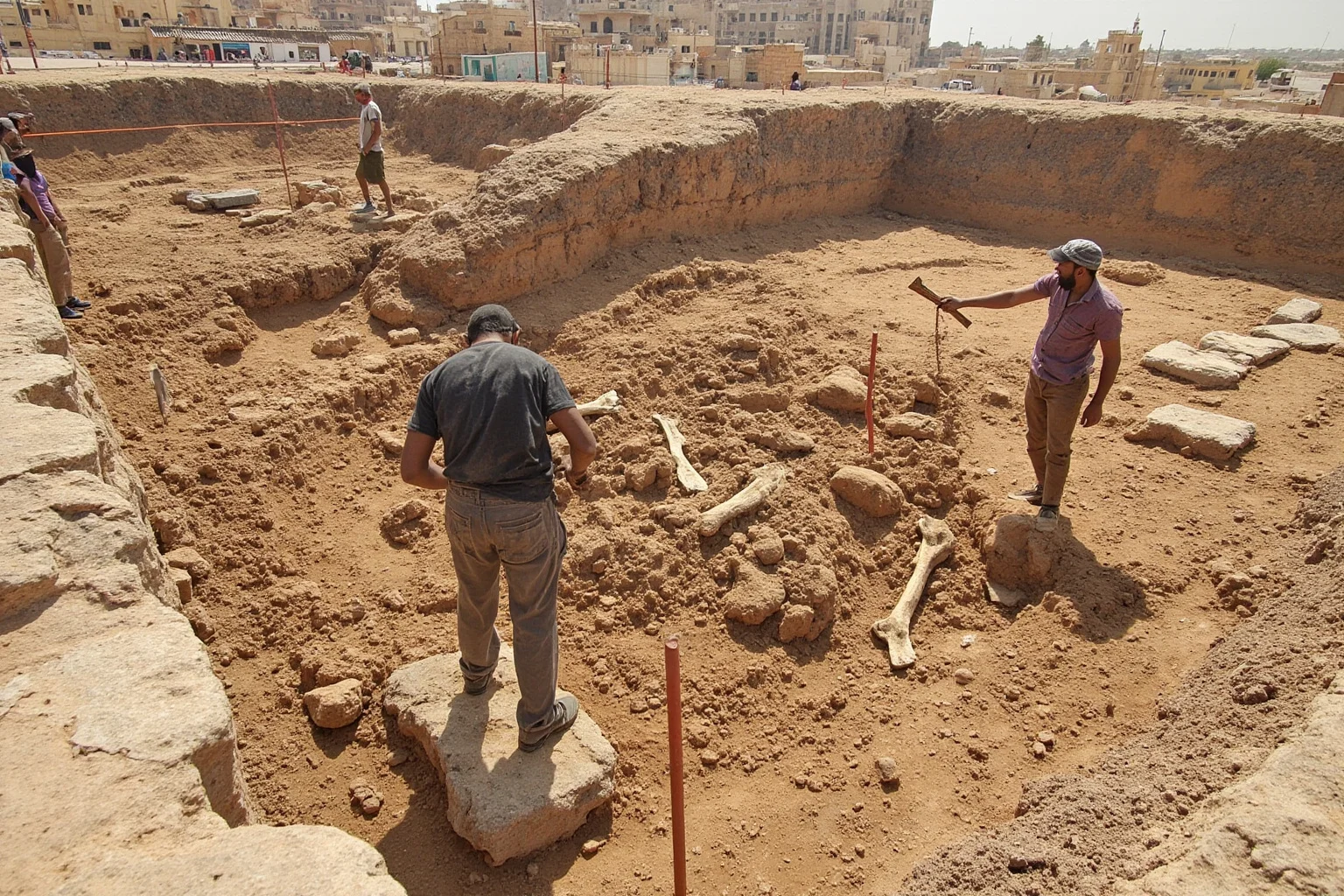 Archaeological dig site with workers carefully excavating skeletal remains beneath modern pavement