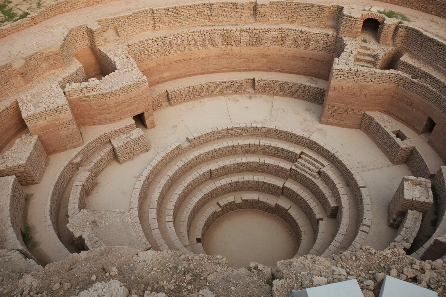 Archaeological excavation site at Hisarlik Turkey showing multiple layers of ancient city ruins stacked on top of each other