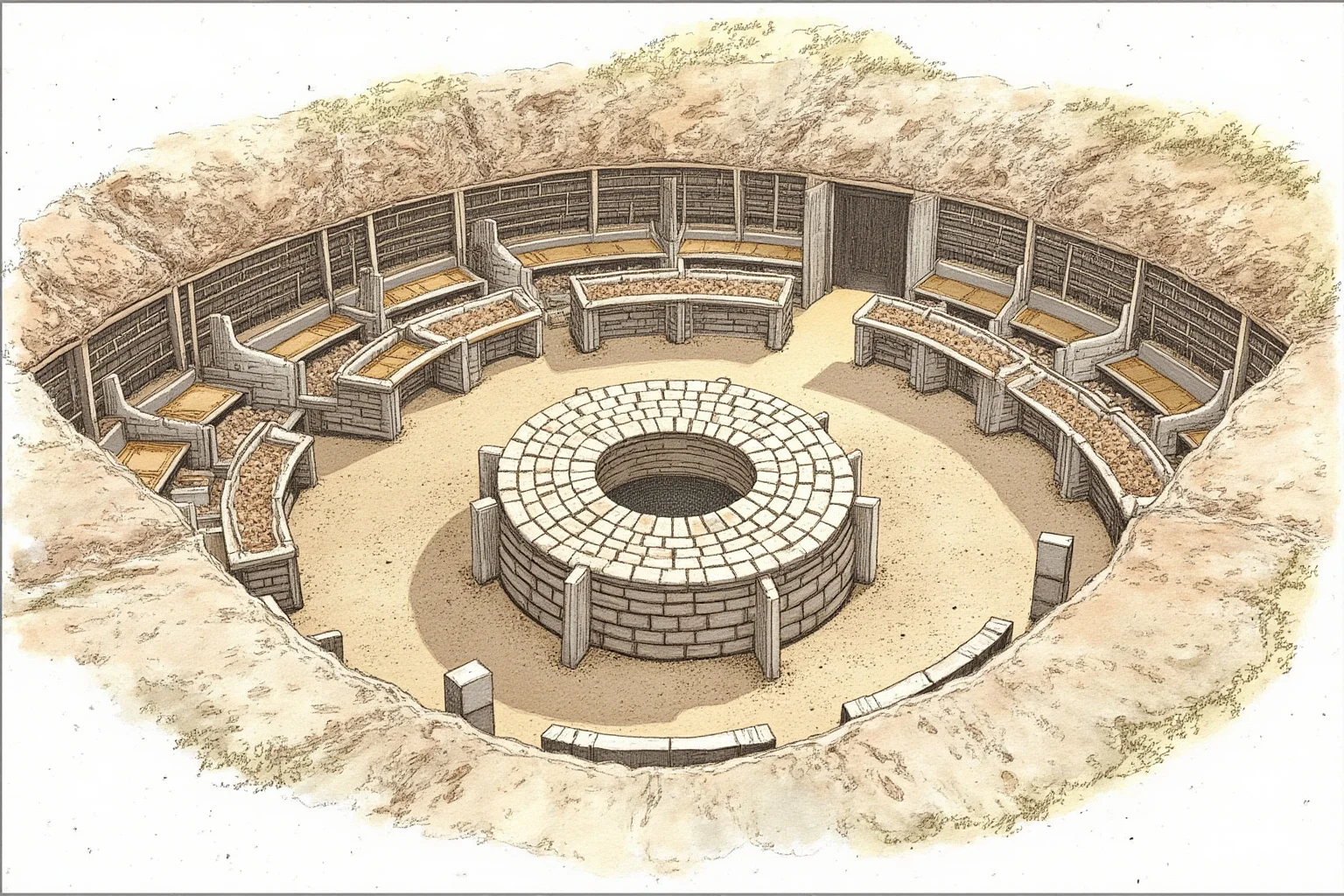 Archaeological illustration of the Macellum food market in Pompeii with a central circular structure and stone counters