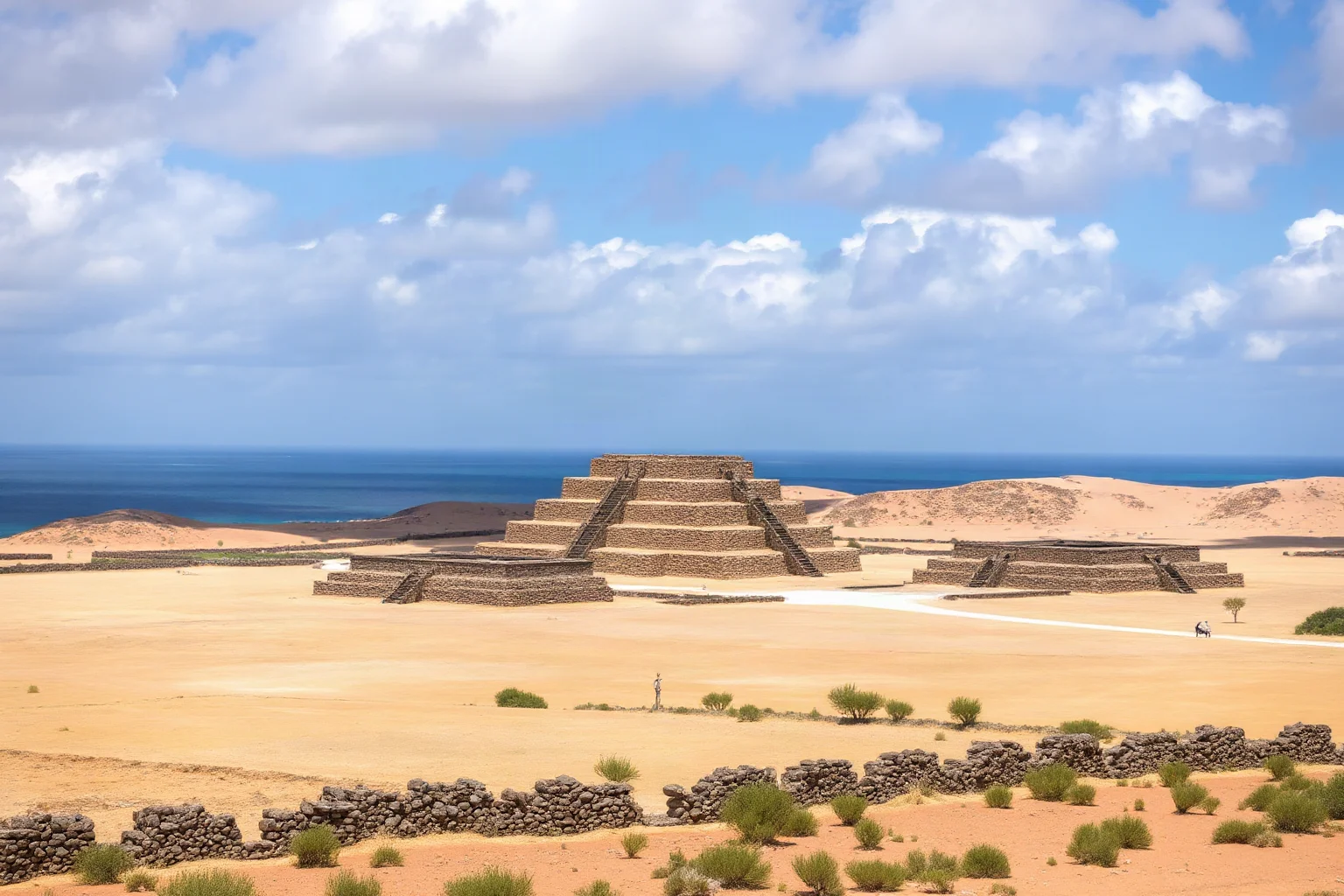 Archaeological site of Caral in Peru showing ancient pyramid mounds and ceremonial platform structures against coastal desert landscape