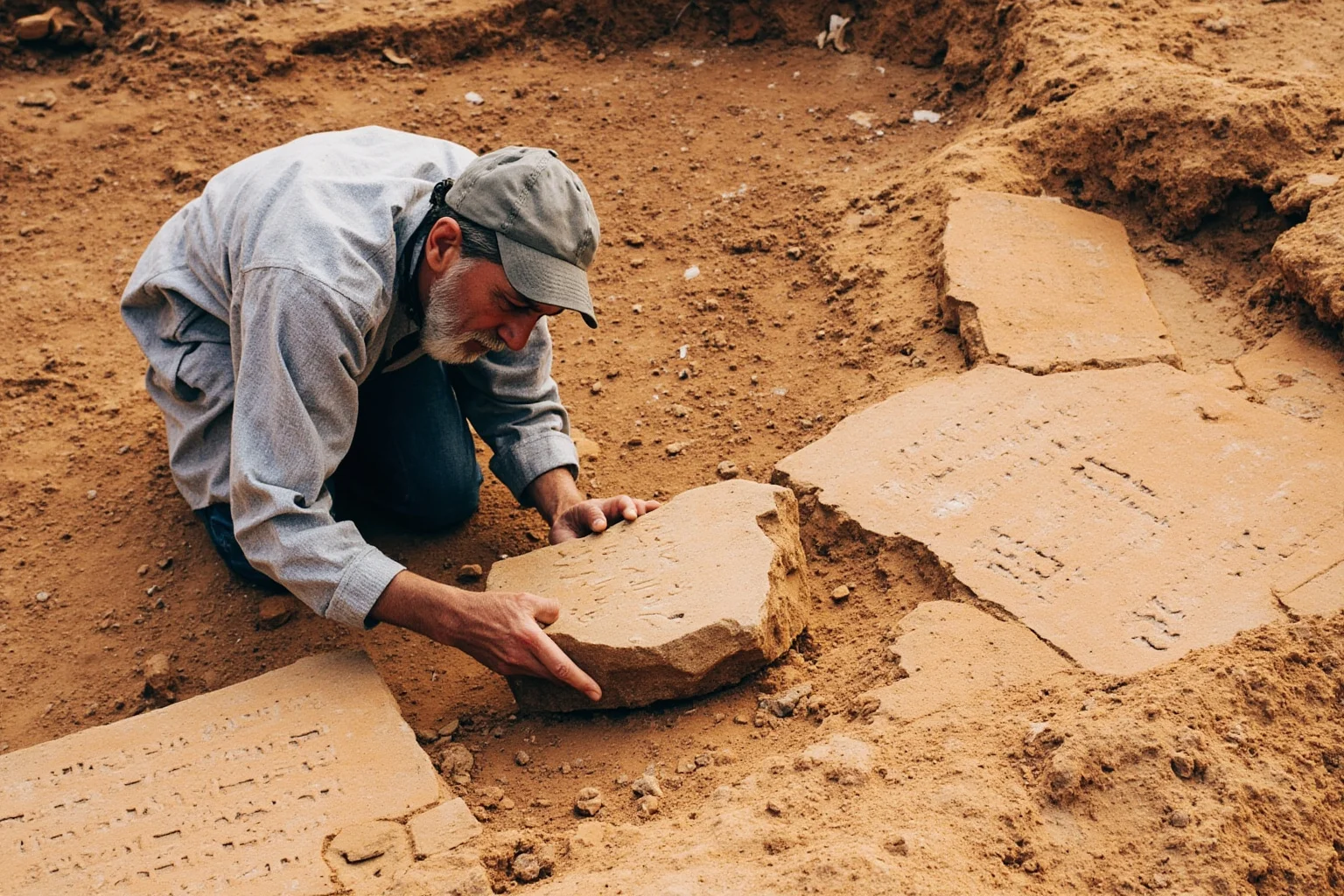 Archaeologist examining an ancient stone inscription at an excavation site
