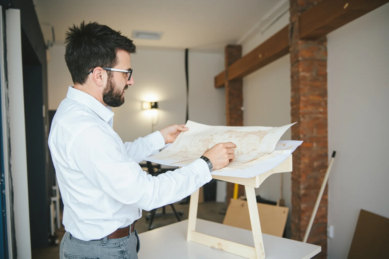 Architect examining architectural model or blueprint in modern design studio