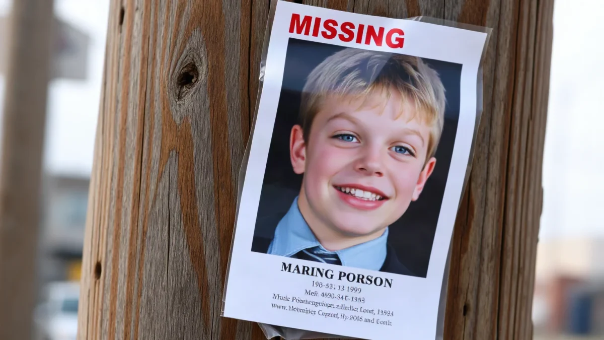 A missing person poster from the 1990s featuring a teenage boy with light blue eyes and a gap-toothed smile, pinned to a wooden telephone pole with weathered edges