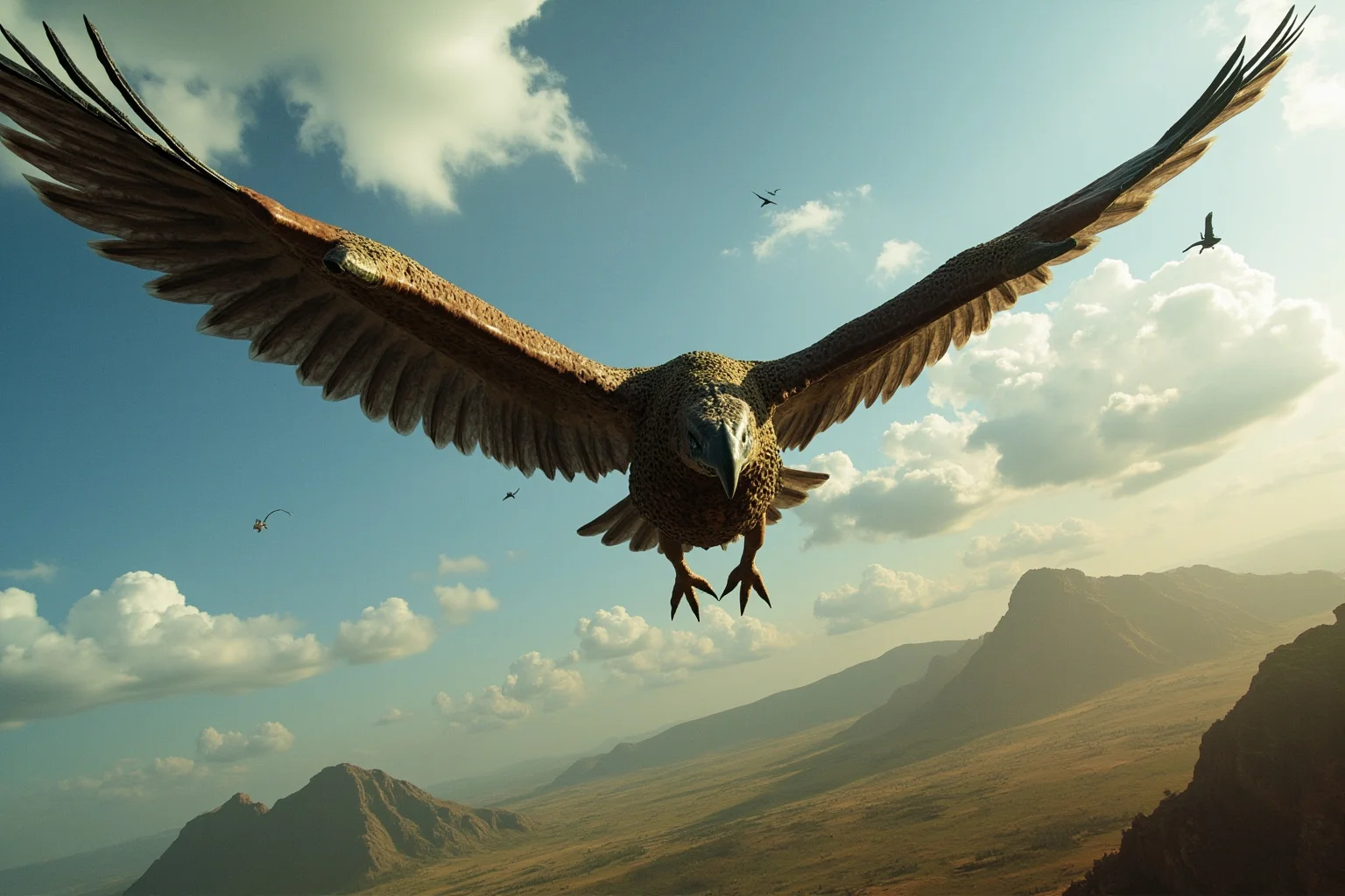 Argentavis Magnificens giant flying bird soaring above prehistoric landscape with enormous wings outstretched
