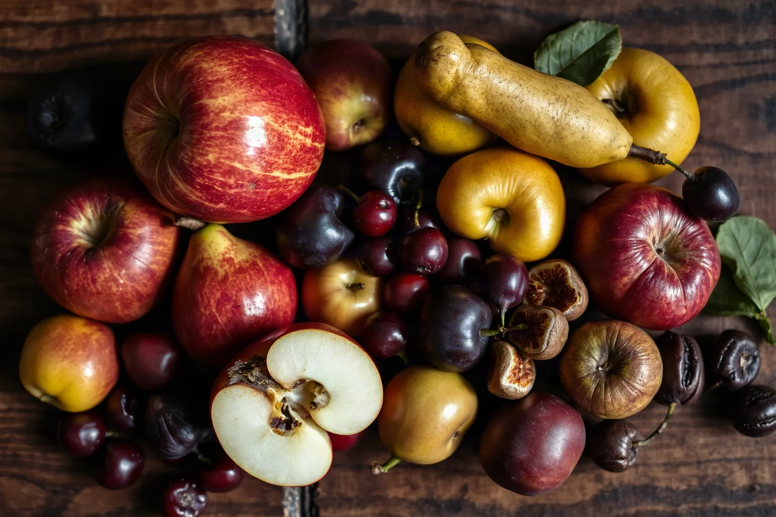 Arrangement of medieval fruits including apples, pears, plums, cherries, and dried figs on wooden surface
