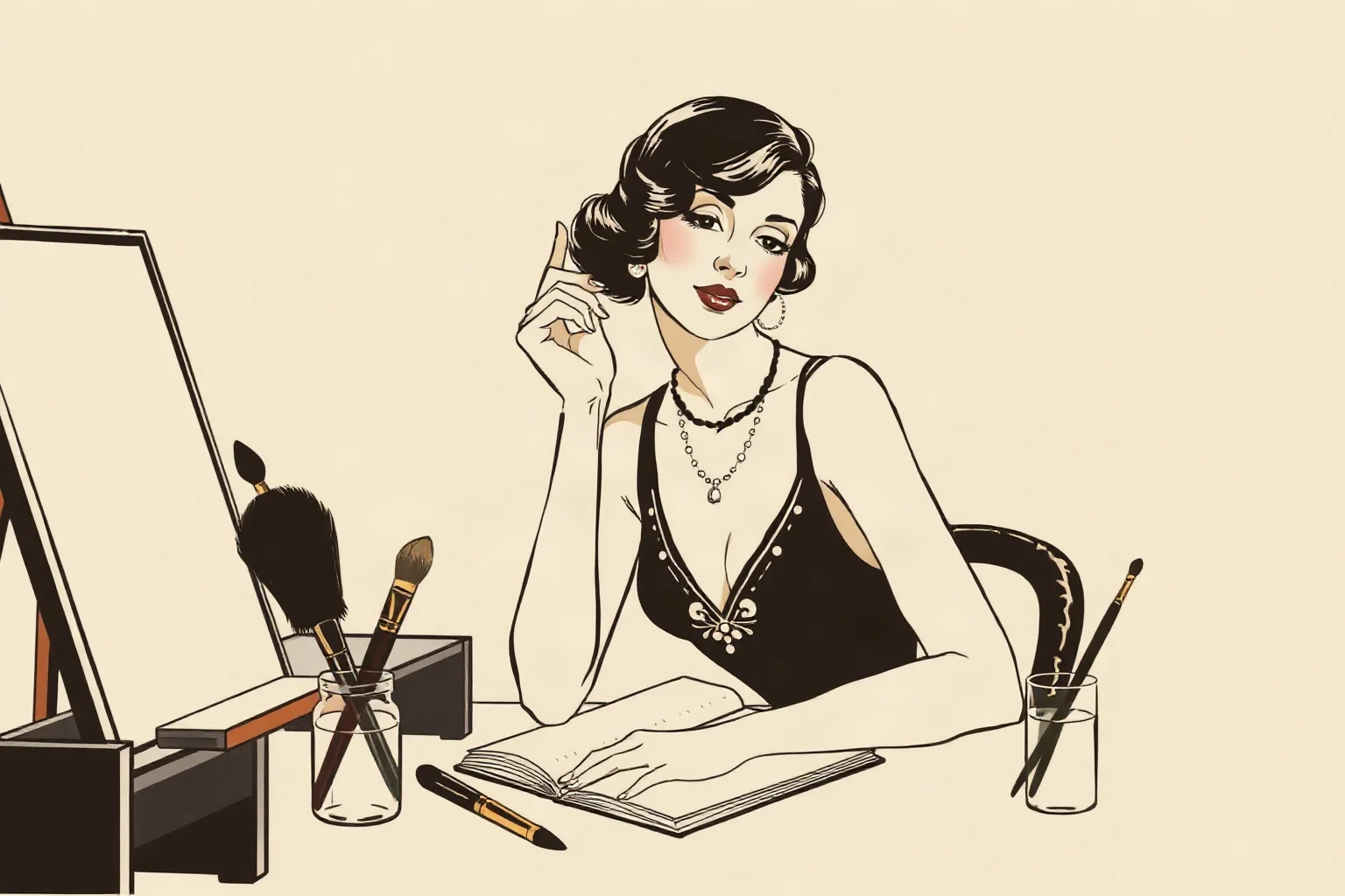 Art deco-style illustration of a fashionable 1920s woman writer and painter seated at a vanity with a manuscript and paintbrushes