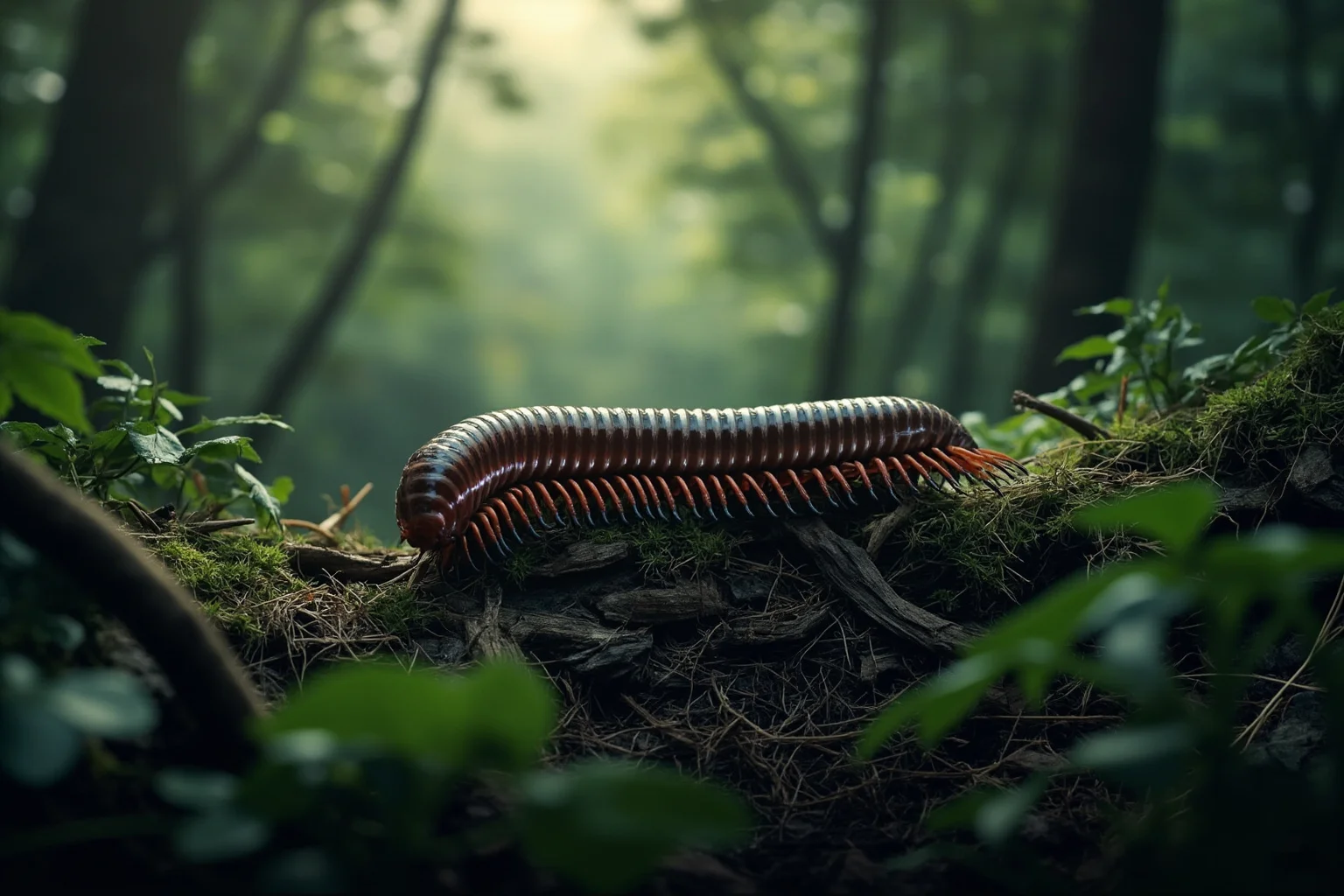 Arthropleura giant millipede crawling through Carboniferous forest with high oxygen atmosphere