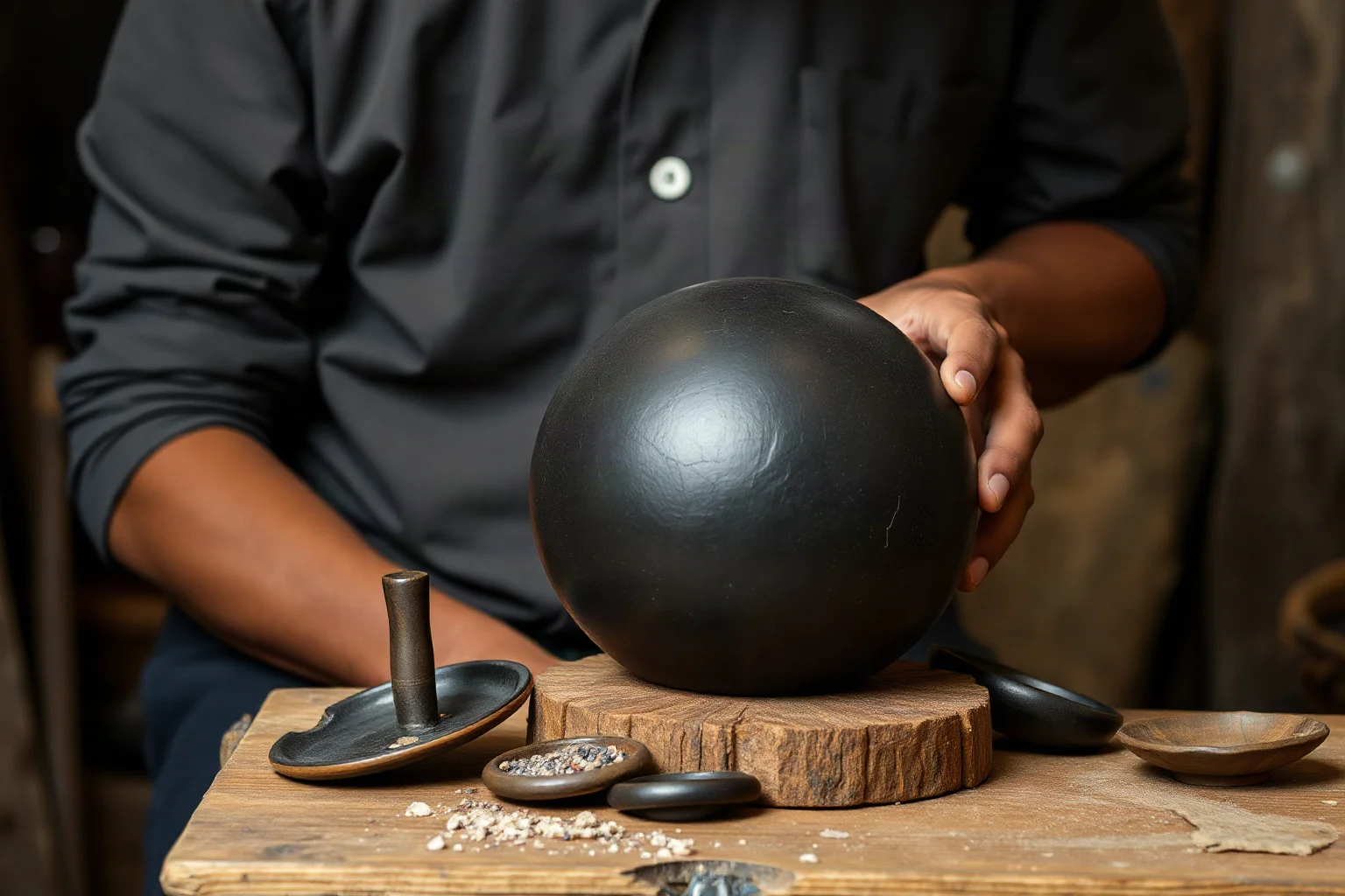 Artisan shaping dark natural rubber into a round ball, ancient workshop setting