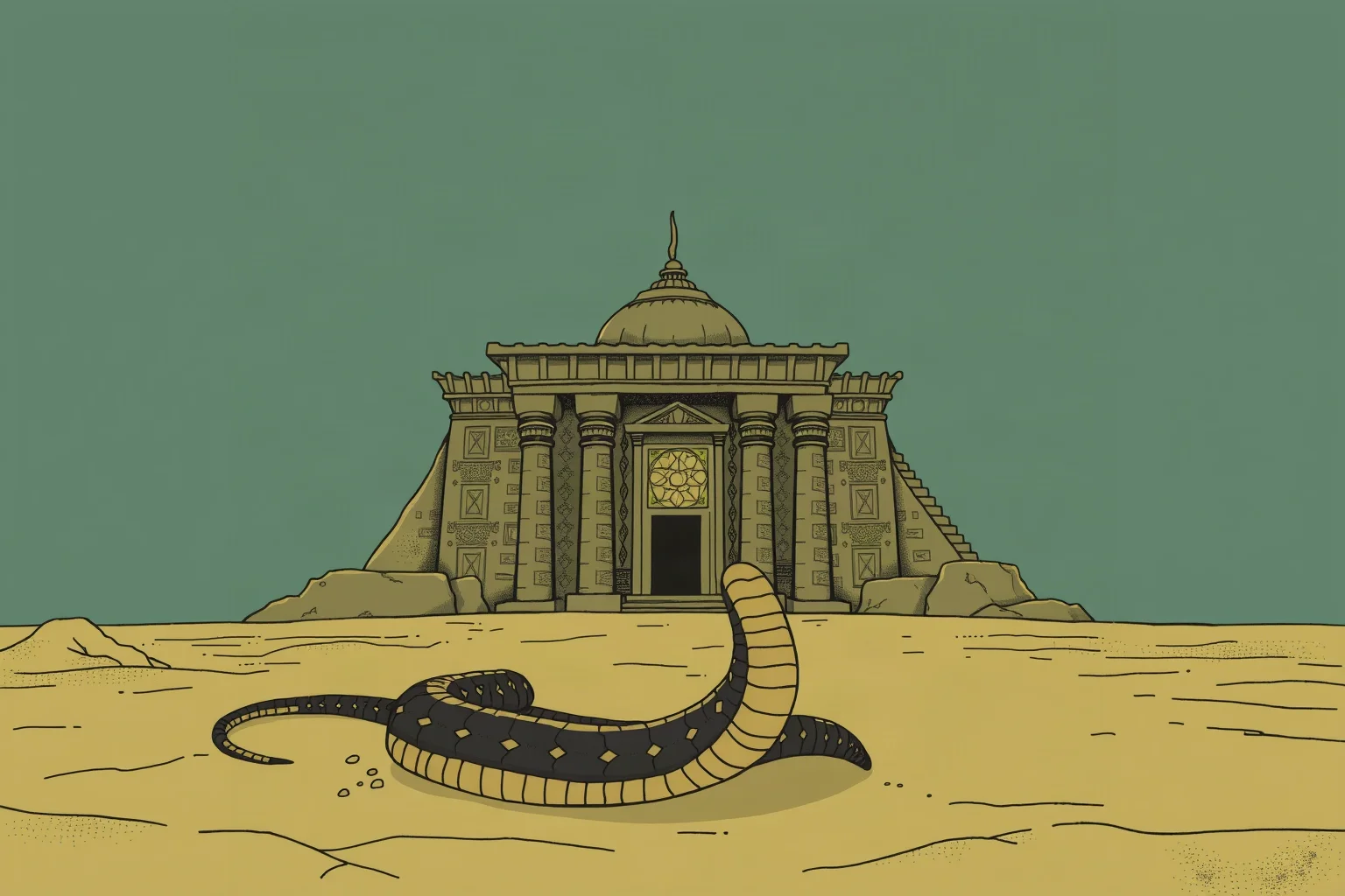 Artistic ambiguous illustration of a snake near an ancient Egyptian palace chamber, symbolic and non-graphic