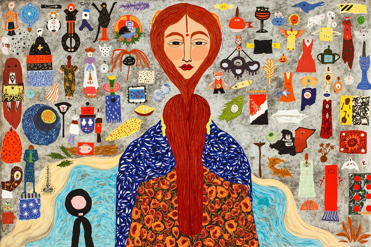 Artistic collage of diverse cultural symbols connected to a single red hair strand in the center