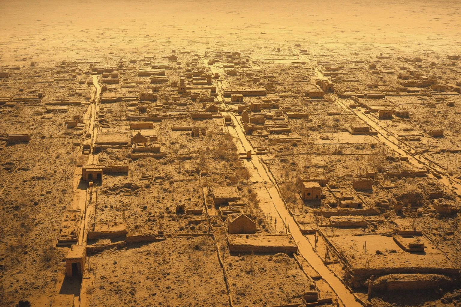 Artistic depiction of a Bronze Age Akkadian settlement with cracked, drought-stricken farmland in the distance