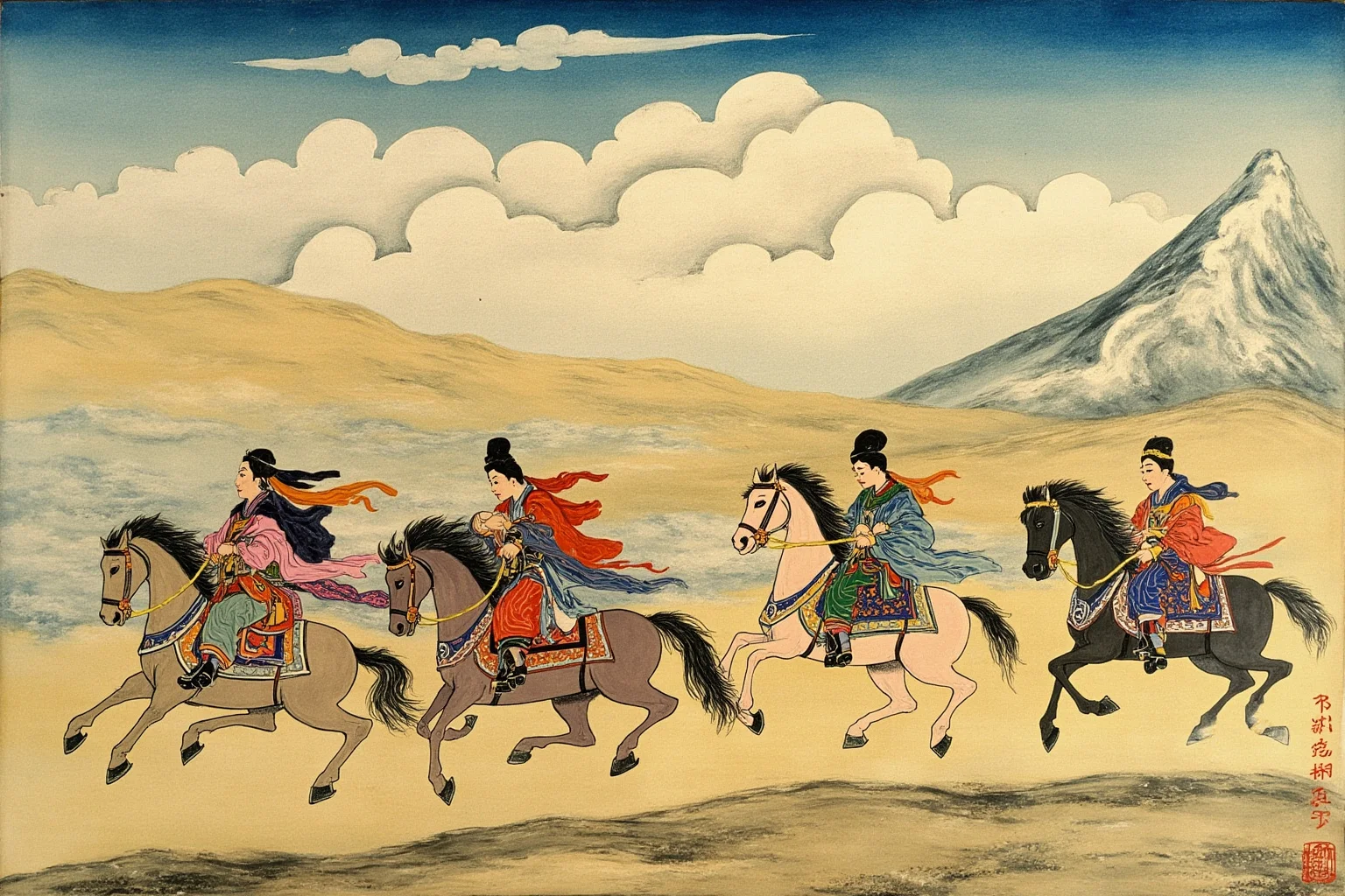 Artistic depiction of a Tang princess in ceremonial robes traveling in a procession toward mountainous Tibetan terrain