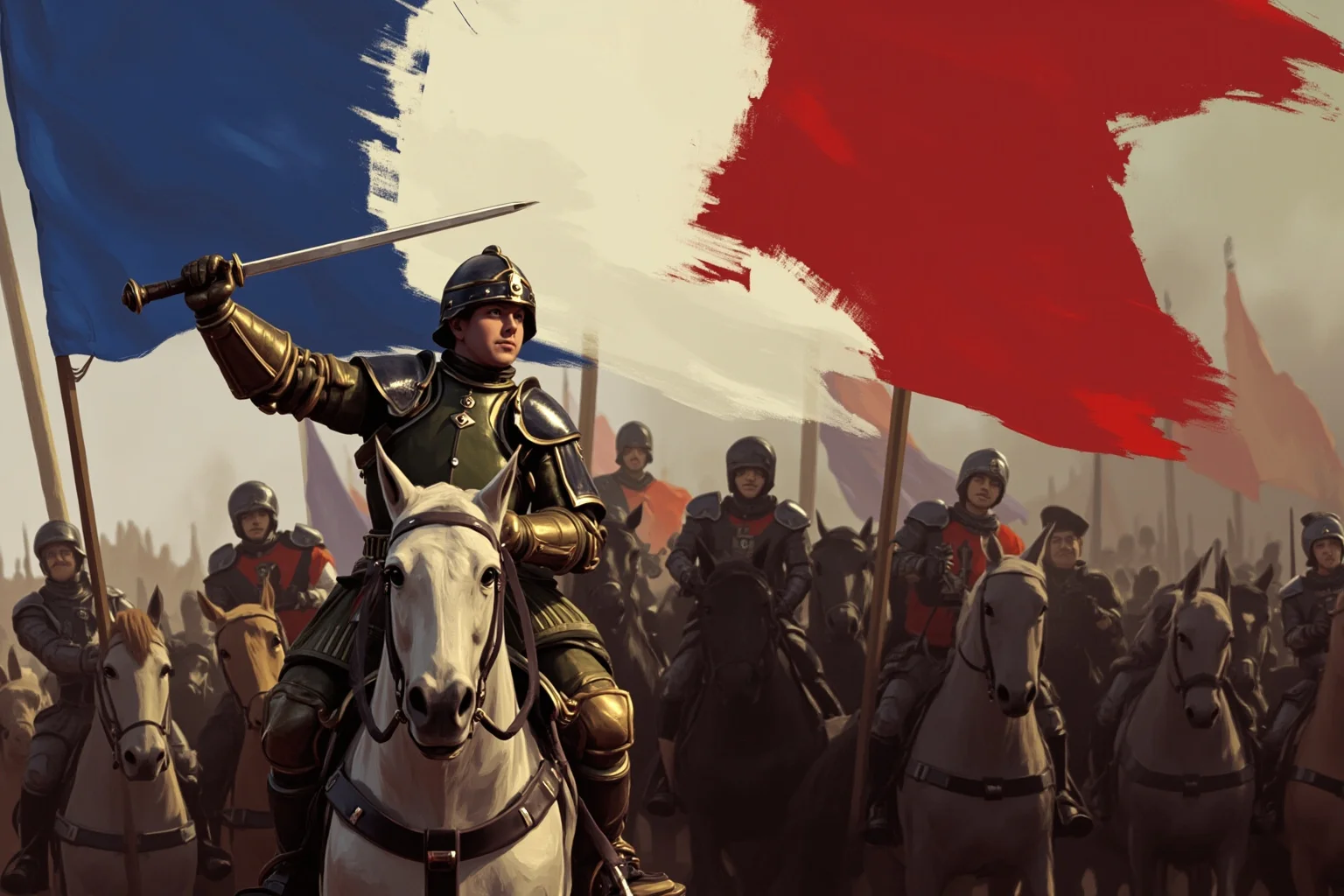 History's Greatest Rebels That Challenged the Status Quo 6 Artistic depiction of a young armored figure on horseback leading soldiers beneath a French medieval banner, stylized non-photorealistic art