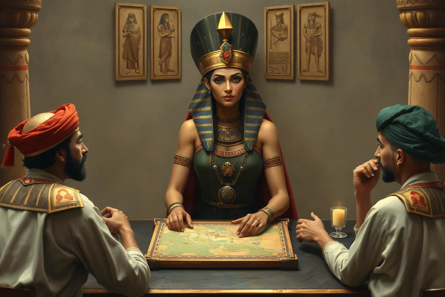Artistic depiction of an ancient Egyptian queen in strategic council with advisors around a map table