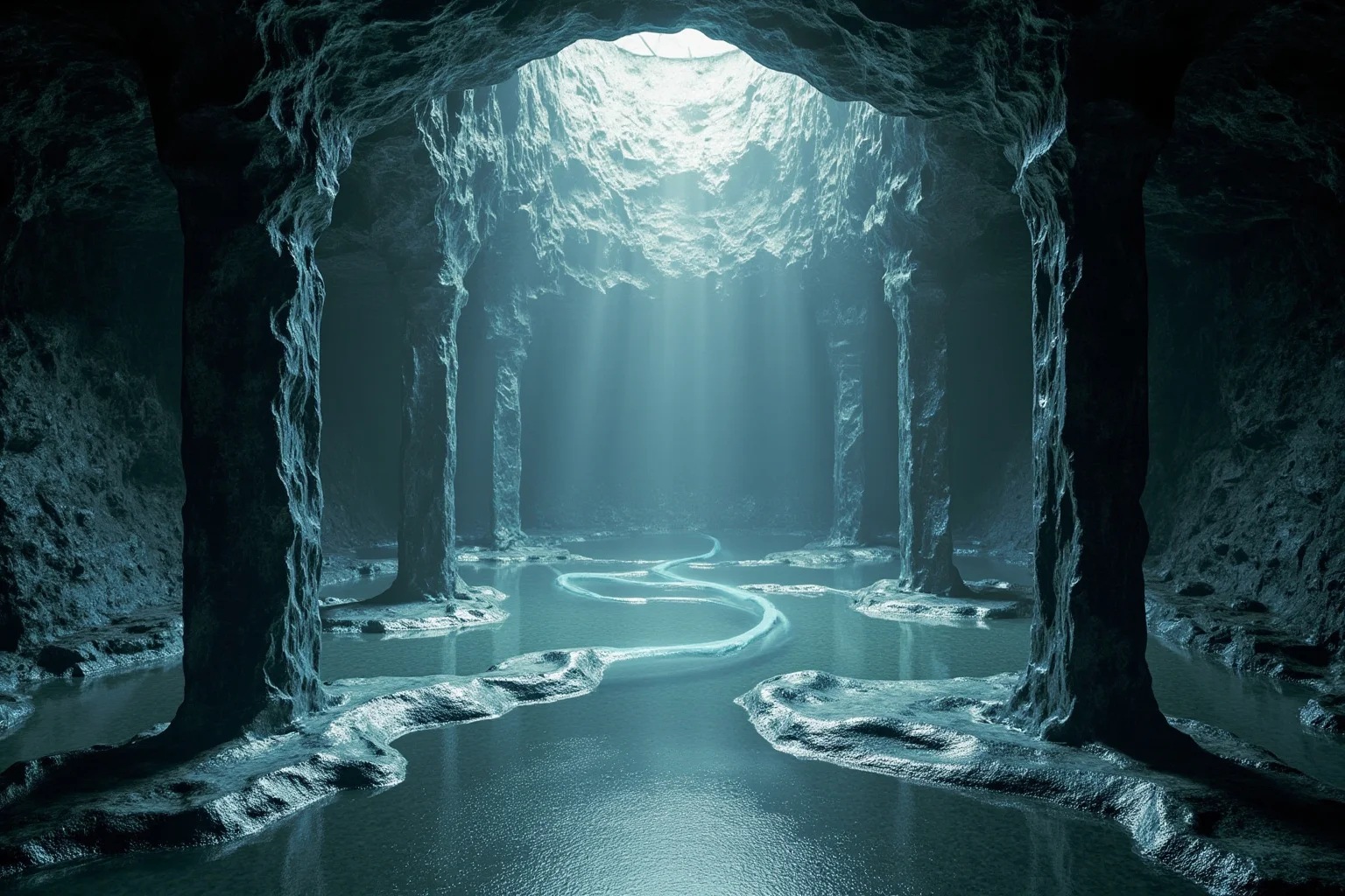 Artistic depiction of an underground palace chamber with faint reflective silver liquid streams