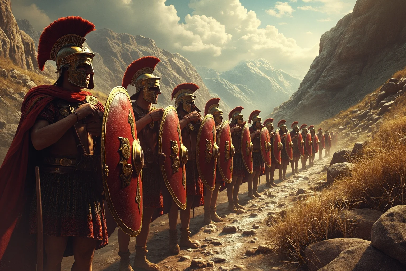 Artistic depiction of ancient Greek hoplite soldiers standing in tight shield formation in a rocky mountain pass