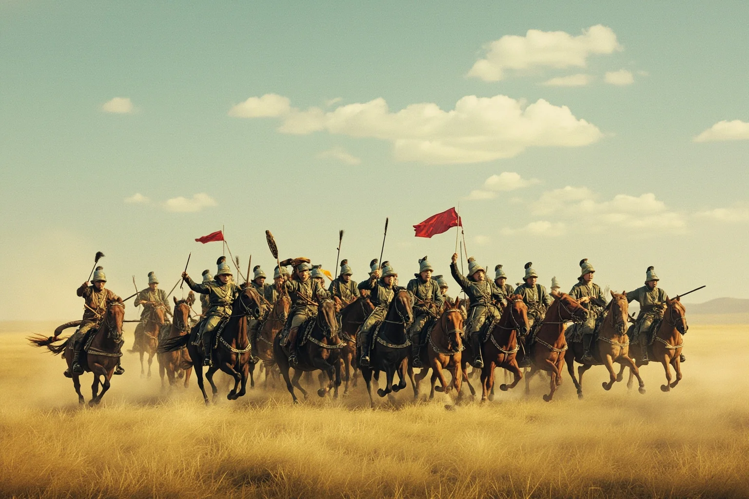 Artistic depiction of Tang cavalry clashing with steppe horsemen beneath a vast open grassland sky