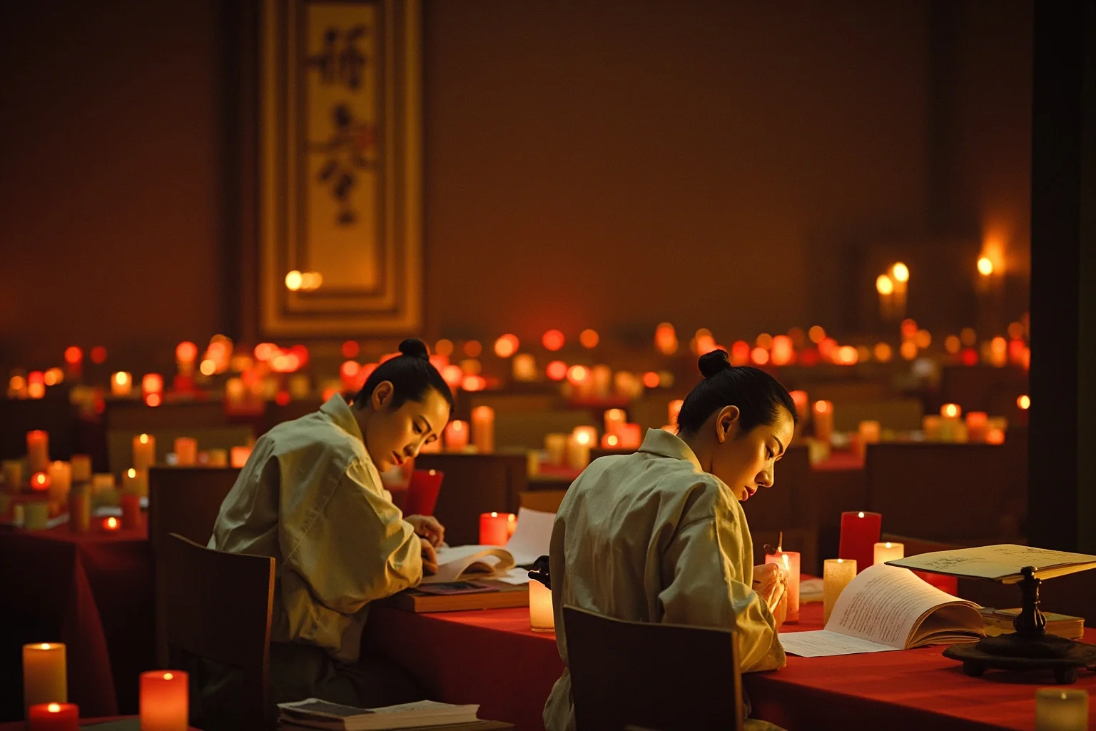 Artistic depiction of Tang-era scholars taking a written examination in a candlelit hall