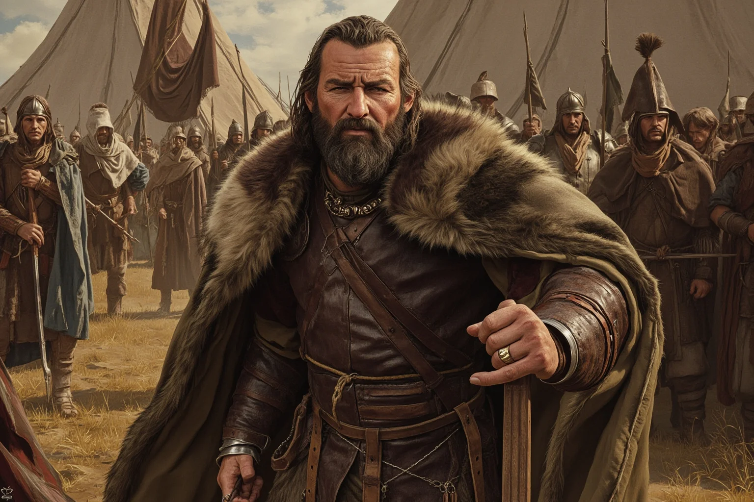 Artistic illustration of a 5th-century nomadic warlord in fur and leather at a feast tent, Eastern European steppe setting, non-photorealistic