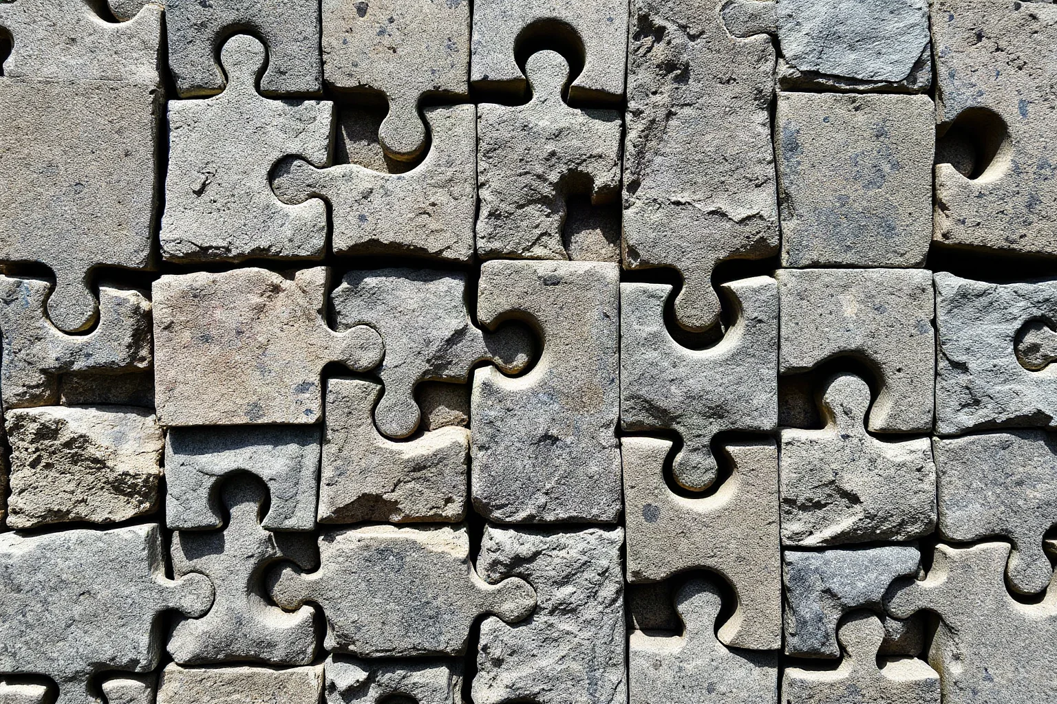 Artistic image of interlocking stone mosaic pieces forming a larger pattern, representing unity of parts, no people