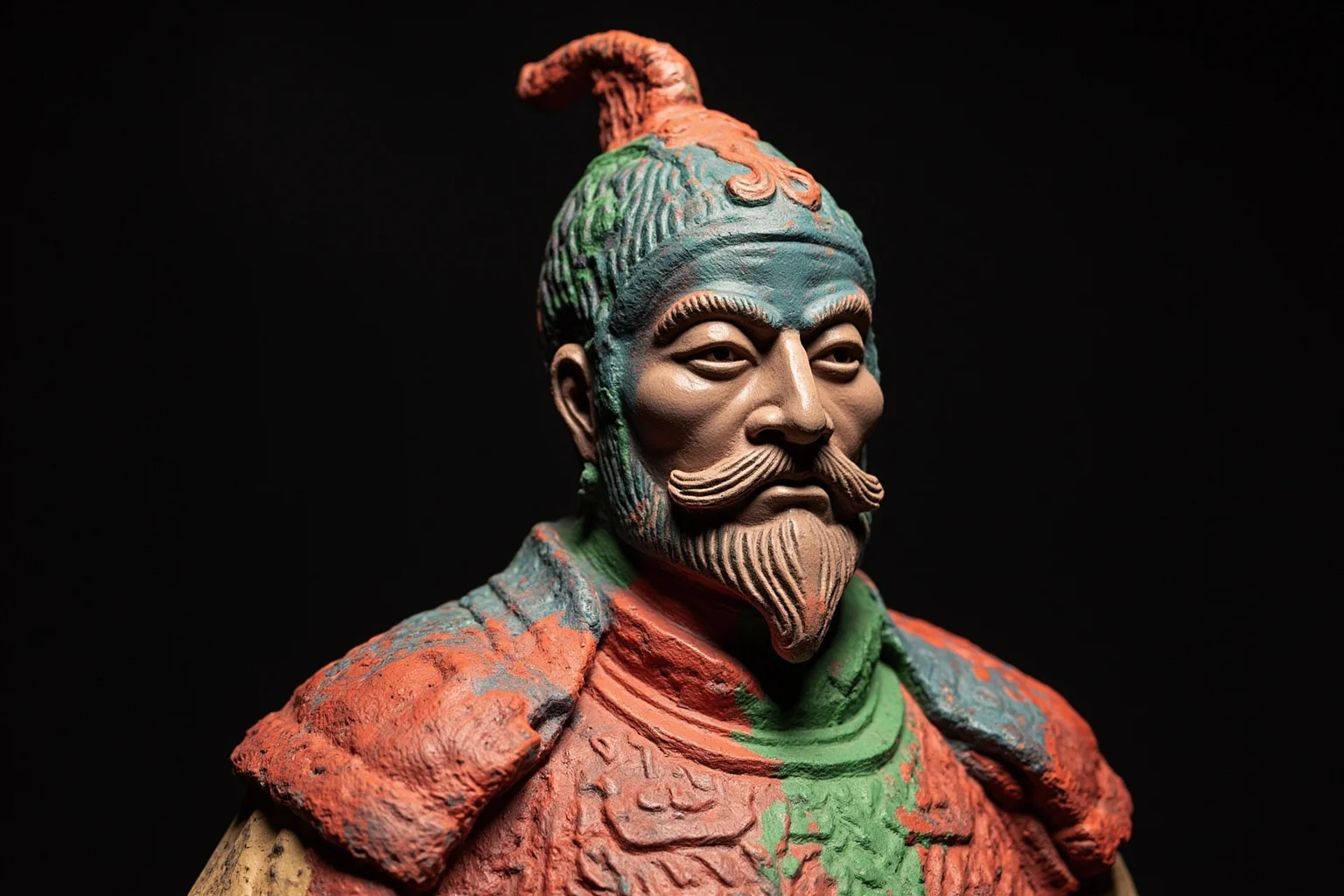 Artistic reconstruction of a terracotta soldier painted in vivid red, green, and blue pigments