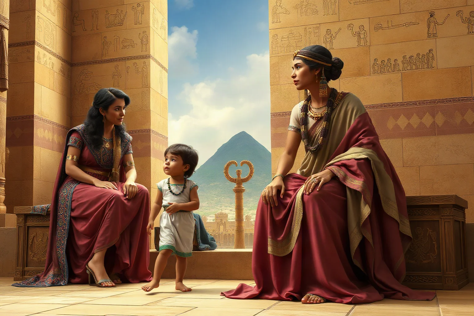 Artistic rendering of a Ptolemaic-era royal family scene with a mother and children in ancient Egyptian dress