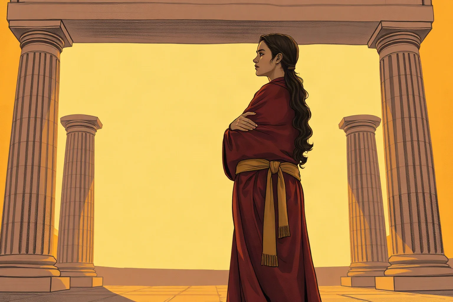 Artistic rendering of a thoughtful robed figure standing before a Greek courtroom column, warm ochre tones, illustrative style