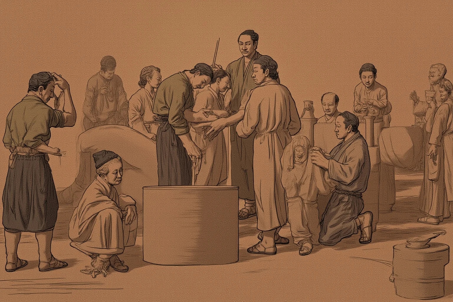 Artistic rendering of ancient Chinese laborers and artisans constructing clay soldier statues in workshops