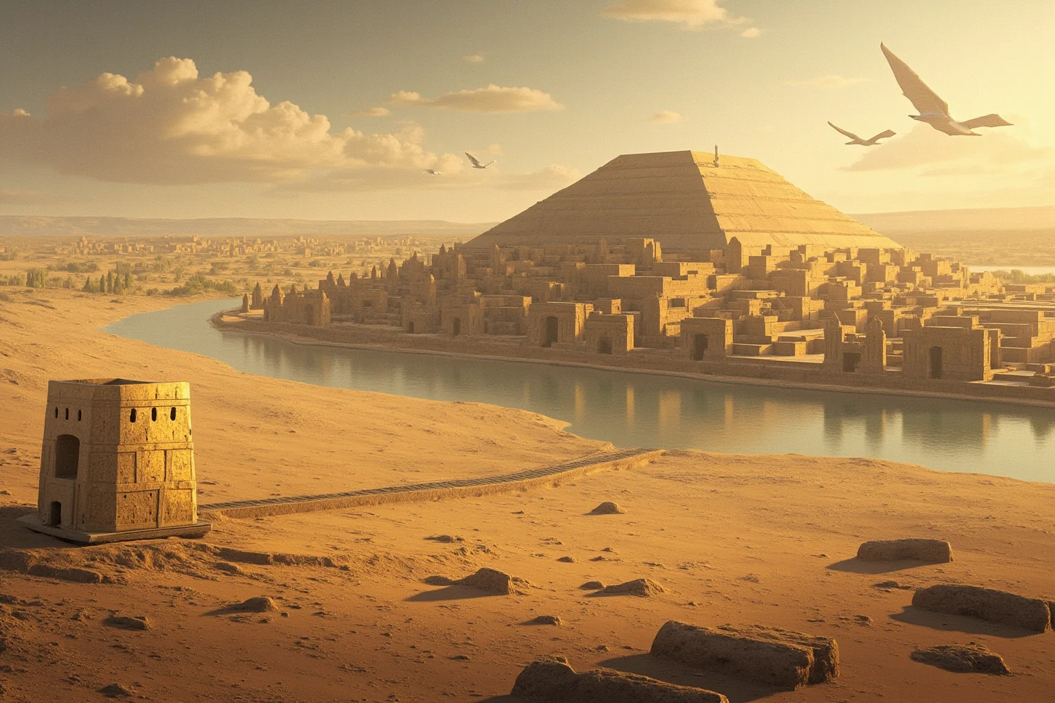 Artistic rendering of the ancient city of Ur with ziggurat, set beside a slow desert river