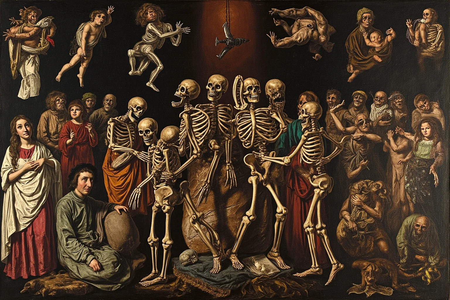 Artistic representation of Danse Macabre or Dance of Death, showing skeletons and figures from different social classes