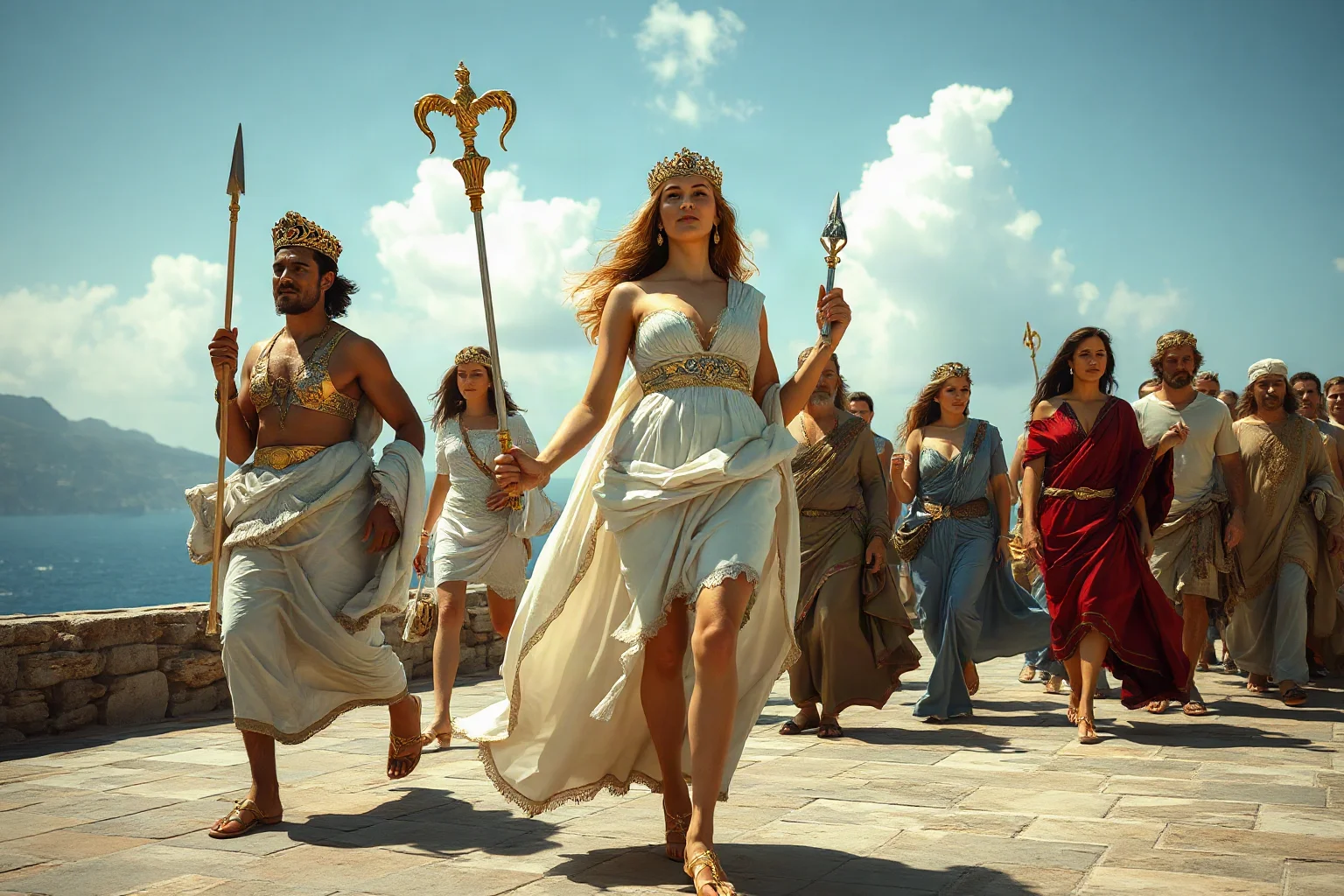Artistic scene evoking Aphrodite-inspired ancient Mediterranean royal procession with Greek mythological motifs