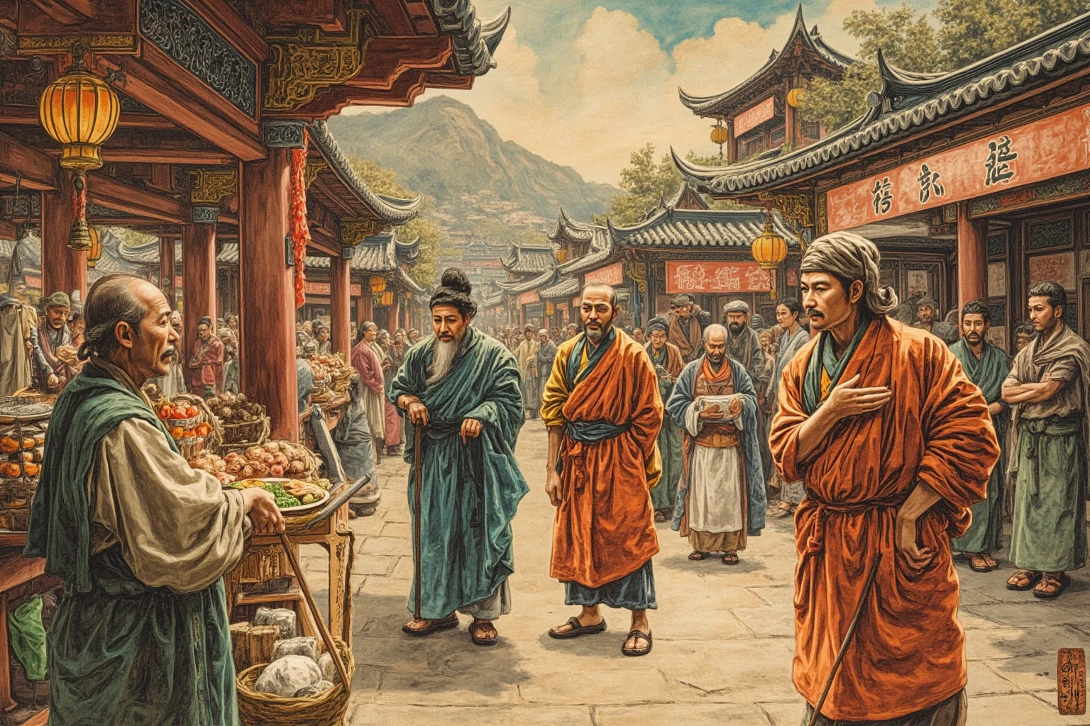 Artistic scene of a multicultural Tang marketplace with merchants, monks, and travelers of varied dress