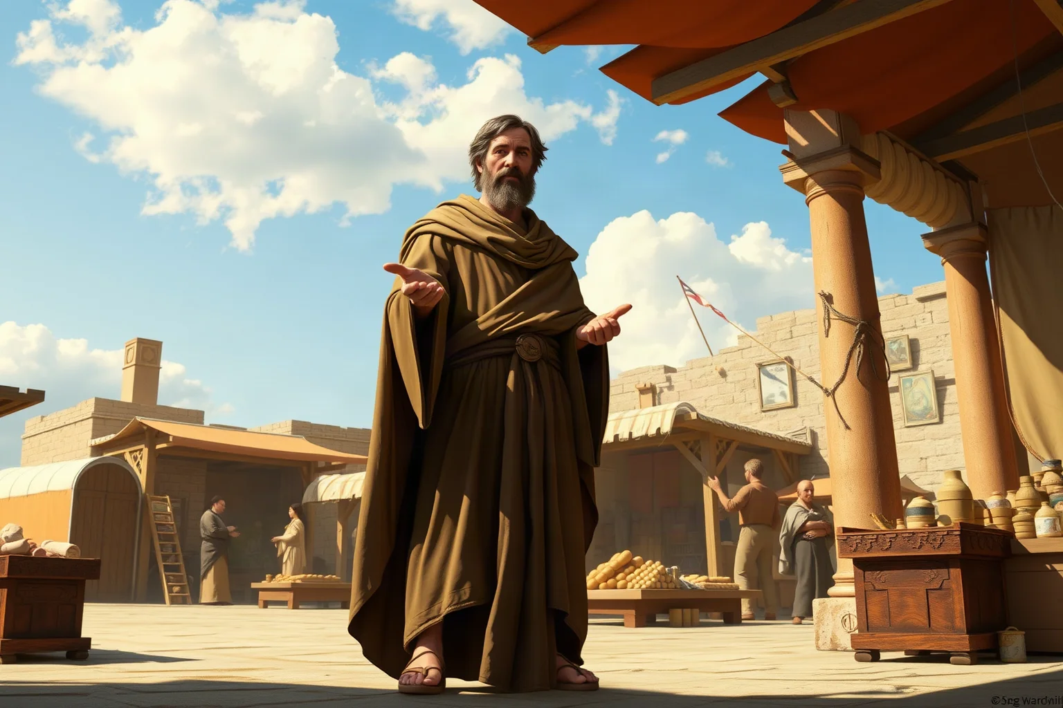 Artistic scene of a robed figure standing confidently in an open agora marketplace, measuring gestures with hands